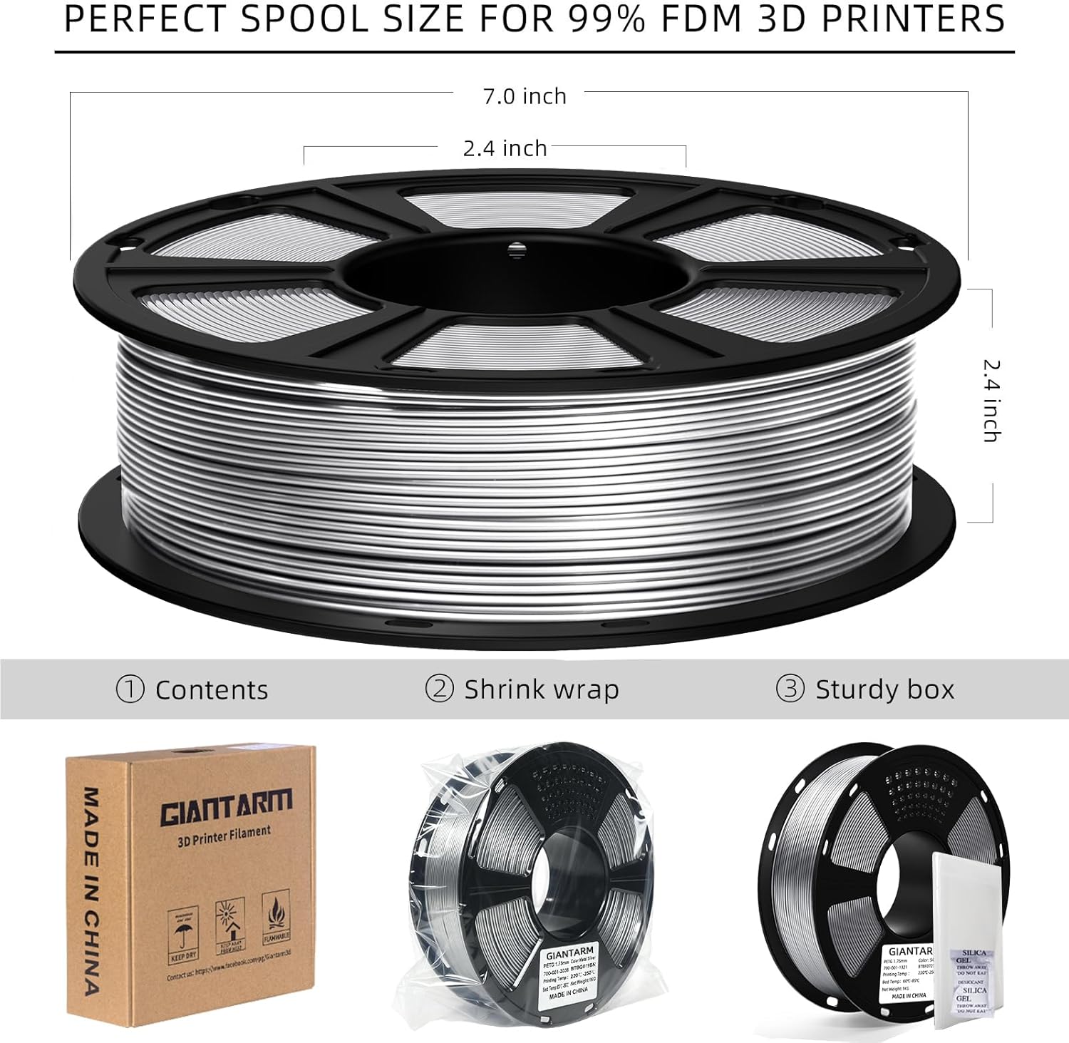 GIANTARM PETG Filament Metallic Silver, PETG 3D Printer Filament 1.75mm, Dimensional Accuracy +/-0.02mm, 1kg (2.2lbs), Vacuum Packaging, Fit for Most 3D FDM Printer (Metallic Silver)
