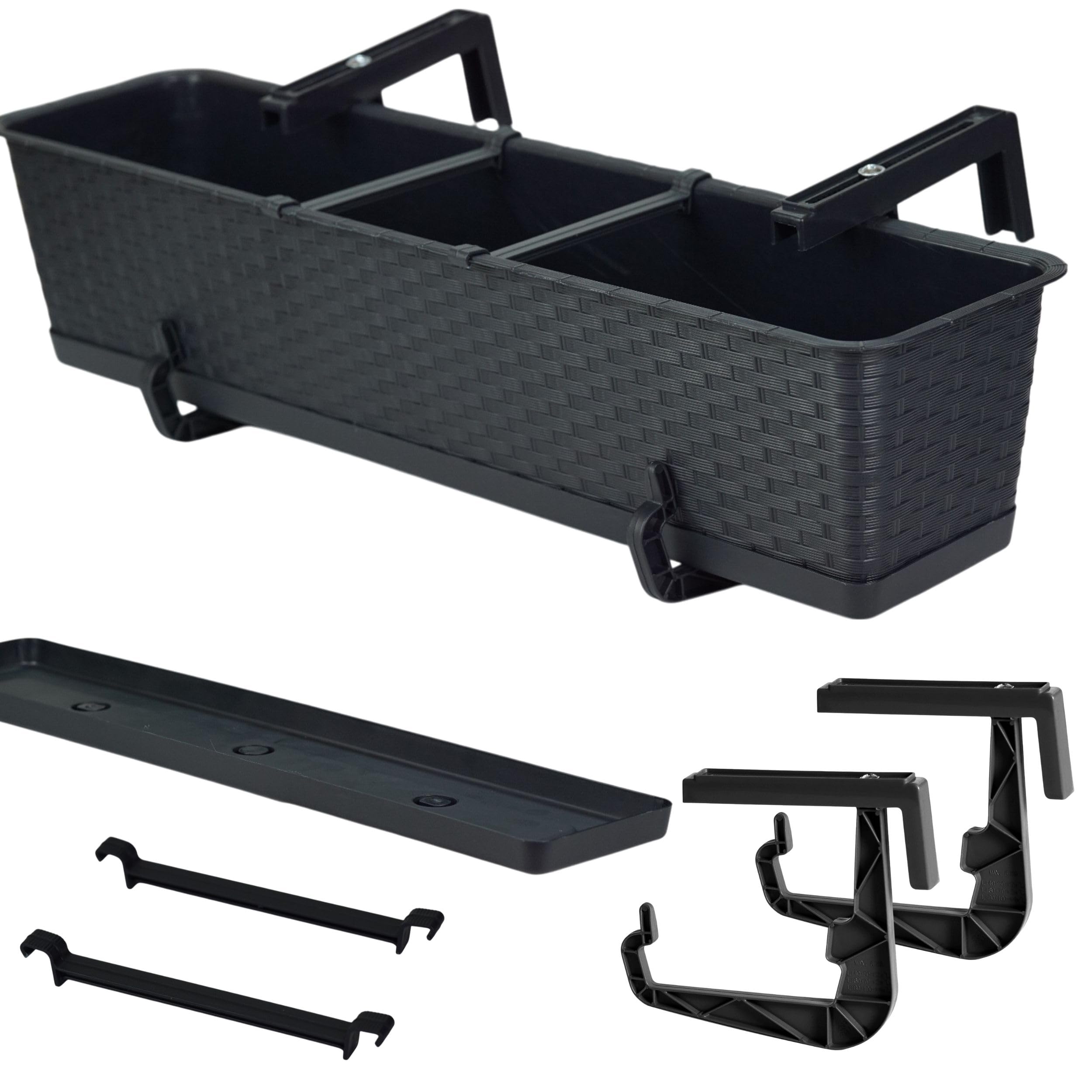 Blumenkasten Balkon Set 4 X 69 cm x 17 cm | Pflanzkasten wetterfest mit Untersetzer und Halterung | Balkonkasten in Rattanoptik für die stilvolle Bepflanzung von Terrasse und Balkon | Anthrazit