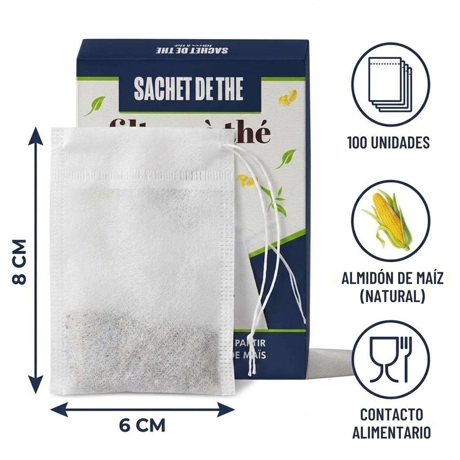 100 Bolsas de Té Desechables para Rellenar de Almidón de Maíz - Filtros Vacíos para Té a Granel, Infusiones, Especias - Sin Plástico, No se Derriten - Tamaño Grande 8x6cm con Cordón