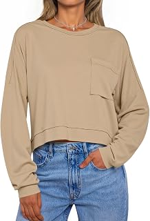 Tankaneo Womens Cropped Long Sleeve Shirts Boxy Tops Loose Fit Tees T-Shirt | Crop Top,Trendy Casual Fall,Crew Neck,Cotton Lightweight,Sweatshirts