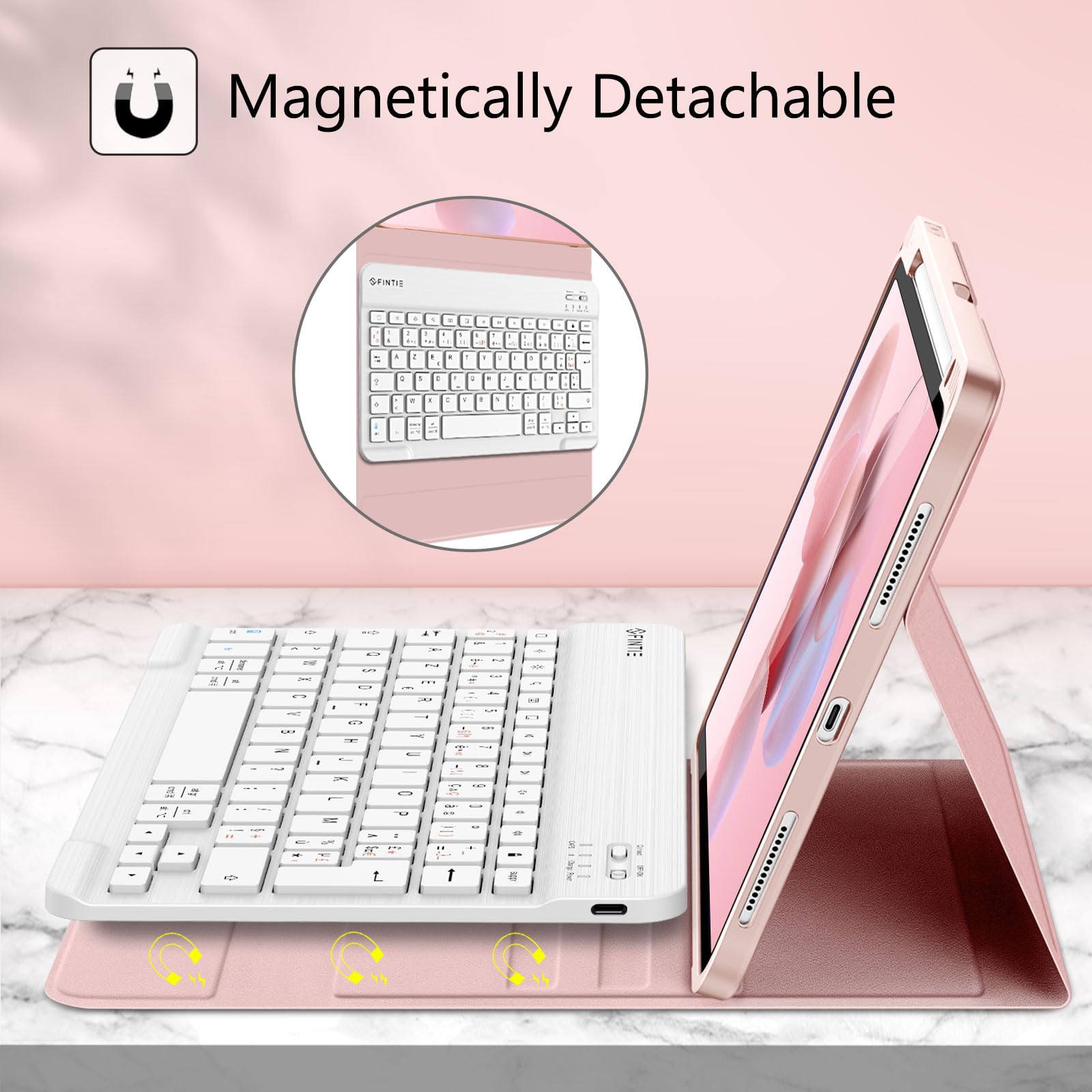 FINTIE Clavier pour iPad Air 11 Pouces M4/M3/M2 (2026/2025/2024) et iPad Air 5/4 10.9” (2022/2020), Clavier AZERTY sans Fil, Housse Multipositions avec Rangement de Stylet, Rose