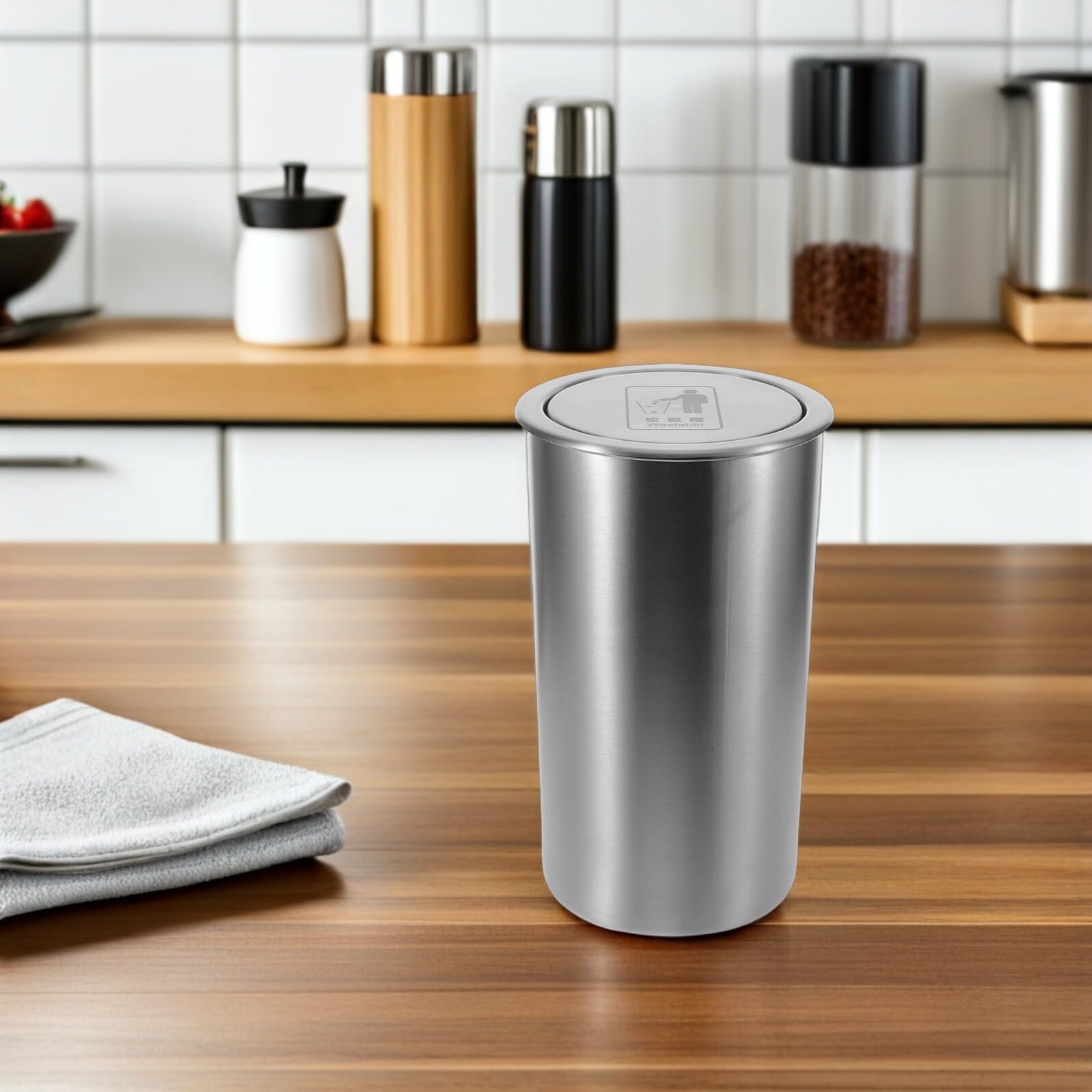 PRETYZOOM Cubo de Basura de Cocina Empotrado de Acero Inoxidable Tapa Giratoria Higiénica, Diseño Redondo Moderno para Cocinas Compactas y Restaurantes