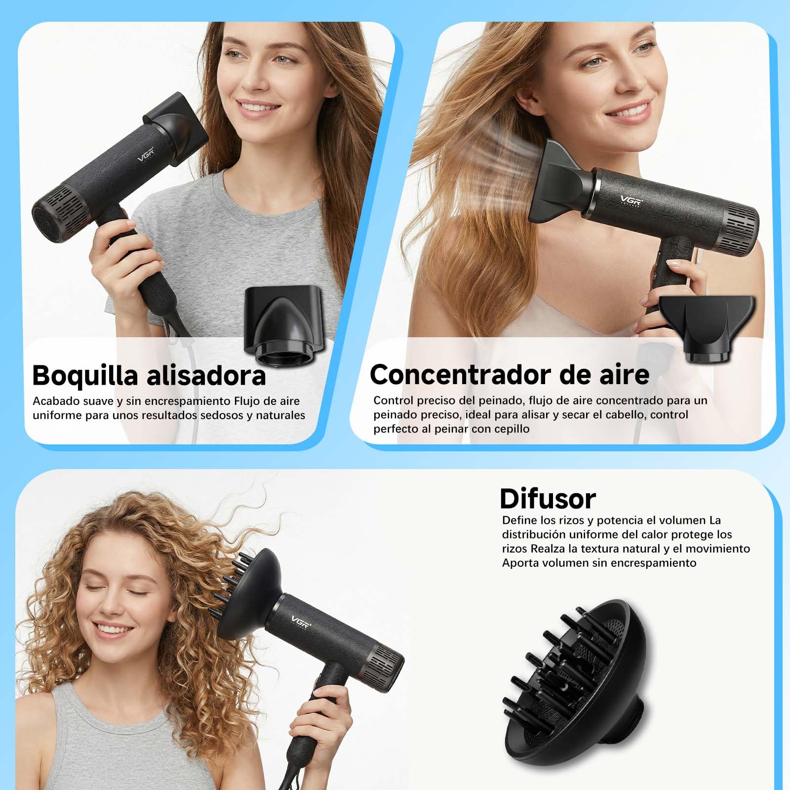 VGR 640 HD Secador De Pelo Profesional Con Motor BLDC De 110000 RPM | Secado Rápido, Secador Pelo Ionico Con Tres Accesorios De Peinado Magnéticos, Hair Dryer Con Filtro Trasero Desmontable