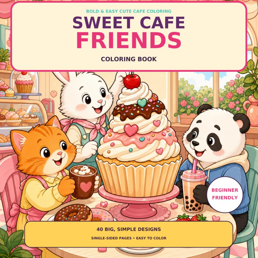 Sweet Cafe Friends Coloring Book: 40 Bold & Easy Cute Animal Scenes with Cozy Treats, Drinks & Desserts