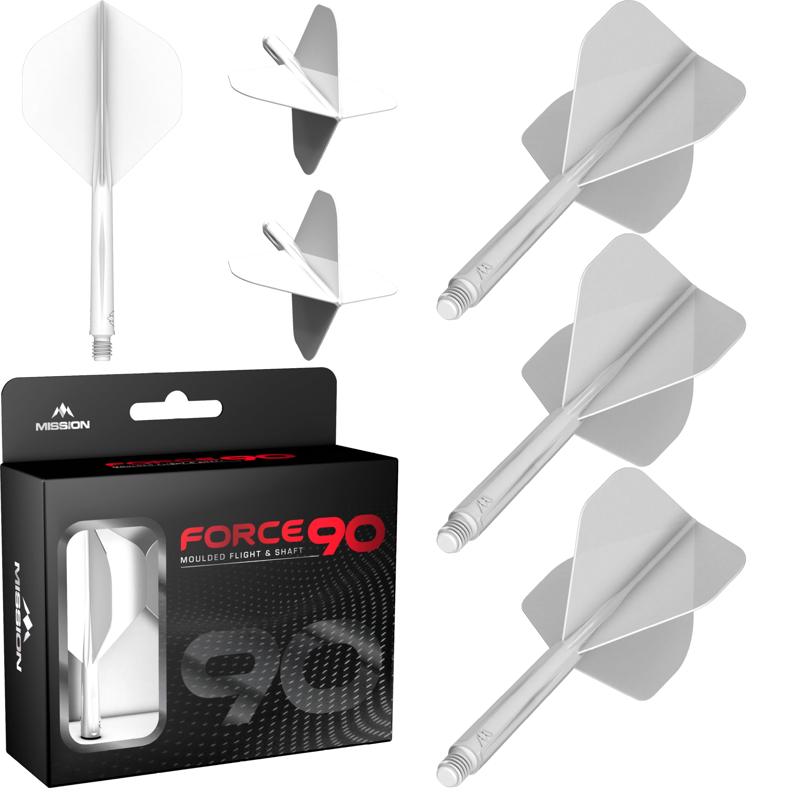 Mission Darts Force 90 | Integrated Precision Moulded Dart Flight And Shaft System, Pack of 3 Professional Durable 2-In-1 Combined Dart Flights And Stems | Standard No.2 (White, Tweenie)