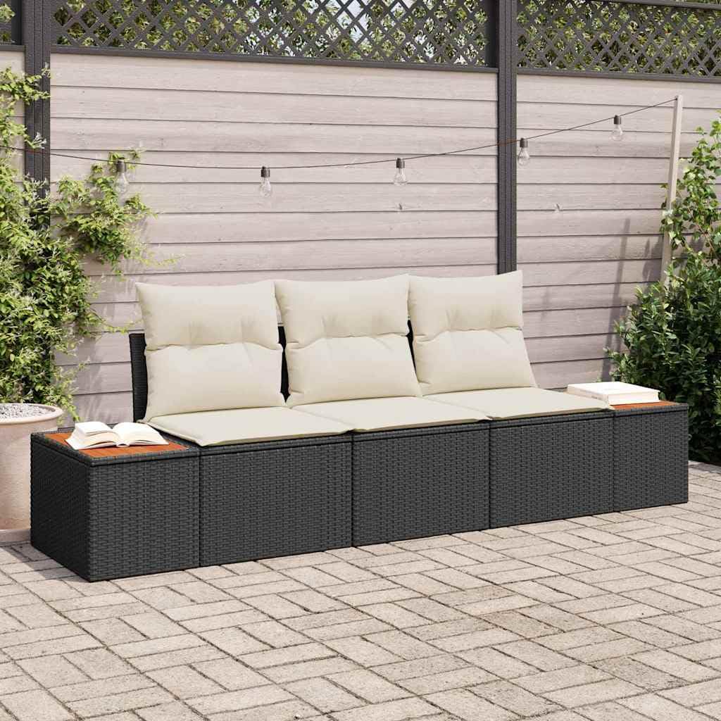 Canapé de jardin poly rotin noir crème 3 pcs pour terrasse moderne