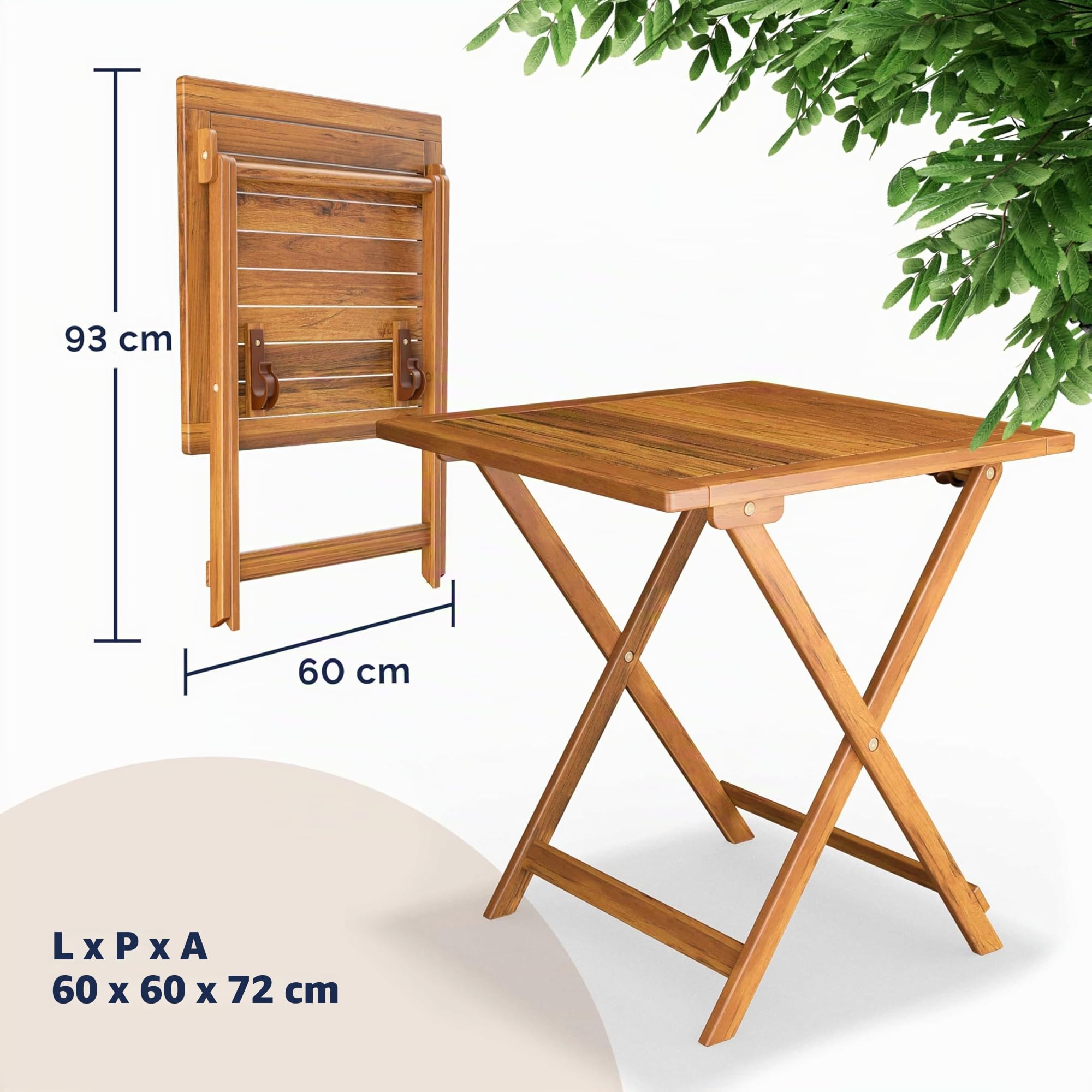 Casaria Set da Balcone Tavolo e 2 Sedie in Legno di Acacia Pieghevole 3 Pezzi