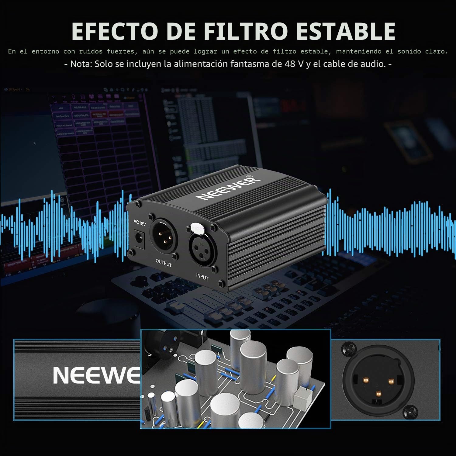 Neewer 1-Canal Phantom 48V Alimentación Suplimiento Negro con Adaptador y Cable de Audio XLR para Caulquier Micrófono Condensador Músico Equipo de Grabación