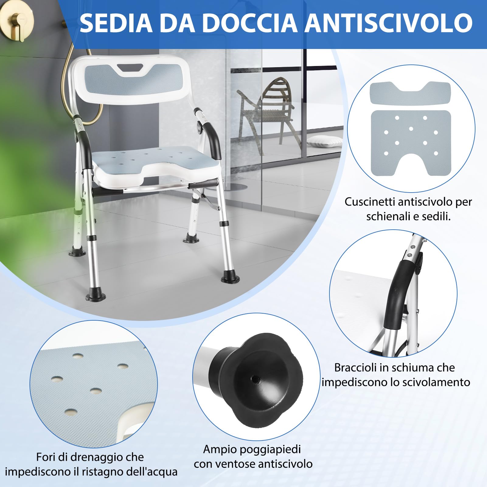 DEWEL Sedia per Doccia Anziani Pieghevole, con Schienale, Regolabile in Altezza, Antiscivolo, con Staffa per Doccia, Installazione Aenza Attrezzi, Sedia per Doccia Anziani, Portata di 150 Kg (Grigio)