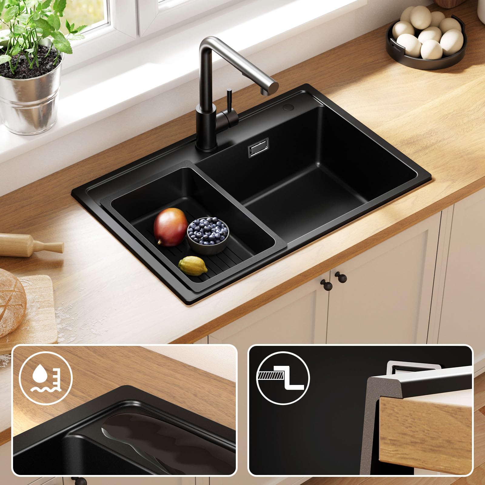 ANYCEE Lavello Cucina Nero 70x46 cm, Lavandino Cucina 1 Vasca con Cestello di Scarico, Lavello Granito per Mobile da 70 cm, Lavandino Nero di 80% Sabbia Quarzo con Sifone e Scarico