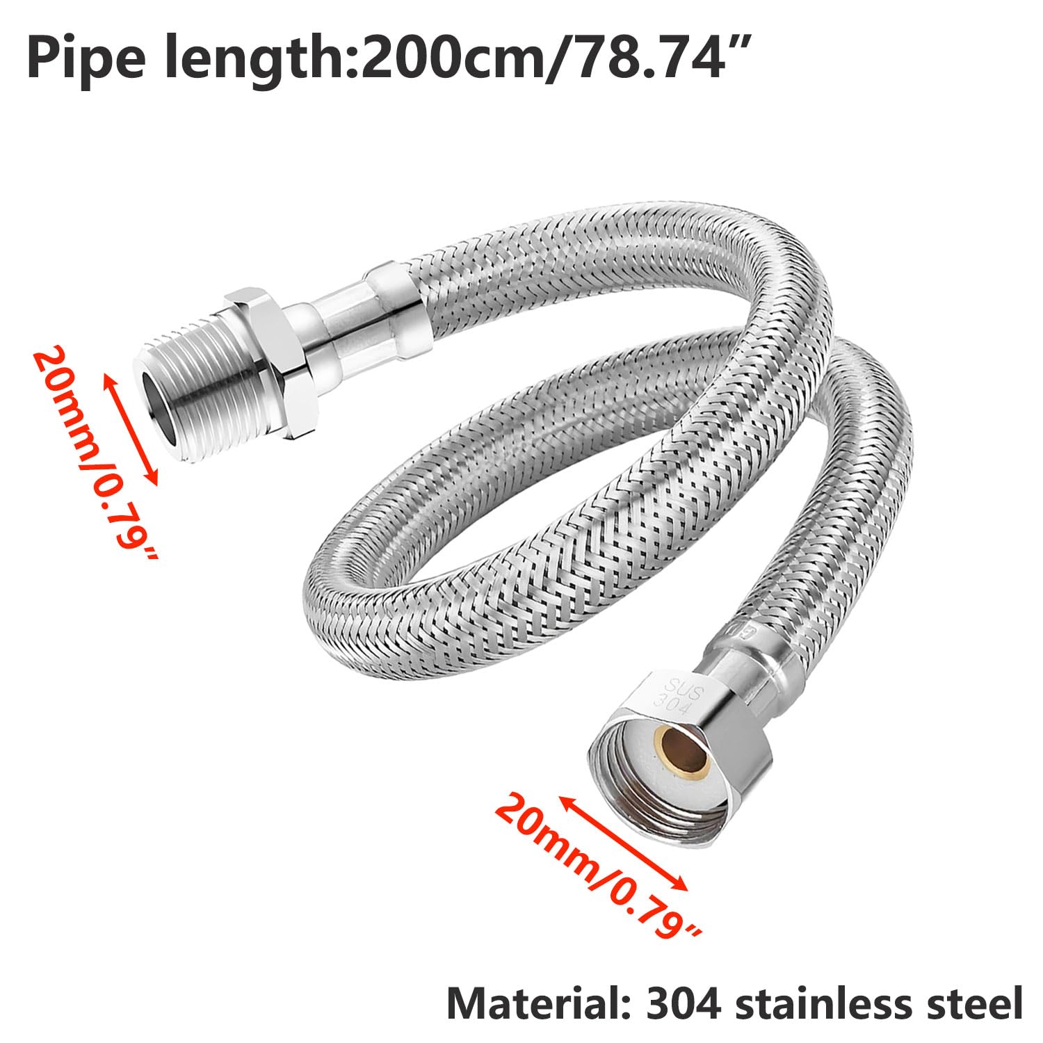 Qrity 1 Pièces Tuyau De Raccordement Flexible, G1/2" Femelle x G1/2" Mâle Tuyau Tressé en Acier Inoxydable pour Mitigeur Cuisine Robinet Lavabo, 200 cm