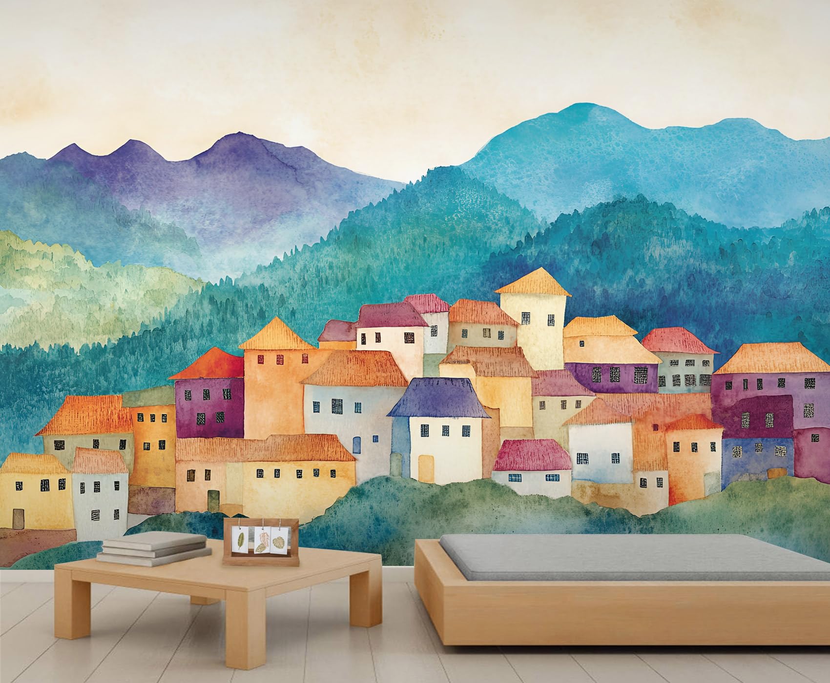 Mountain Town Mural Abstract Watercolor Painting Wallpaper Mountains Wall Mural Giant Home Living Room Dining Room Wall Decor Poster (Non-self-Adhesive)