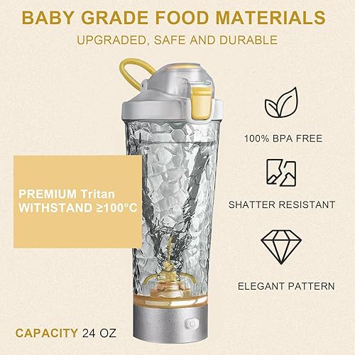 Miniatura 4 de Botella mezcladora eléctrica de proteínas, botella mezcladora eléctrica de proteínas, 24 onzas, mezcladora recargable, sin BPA, Tritan (blanco)