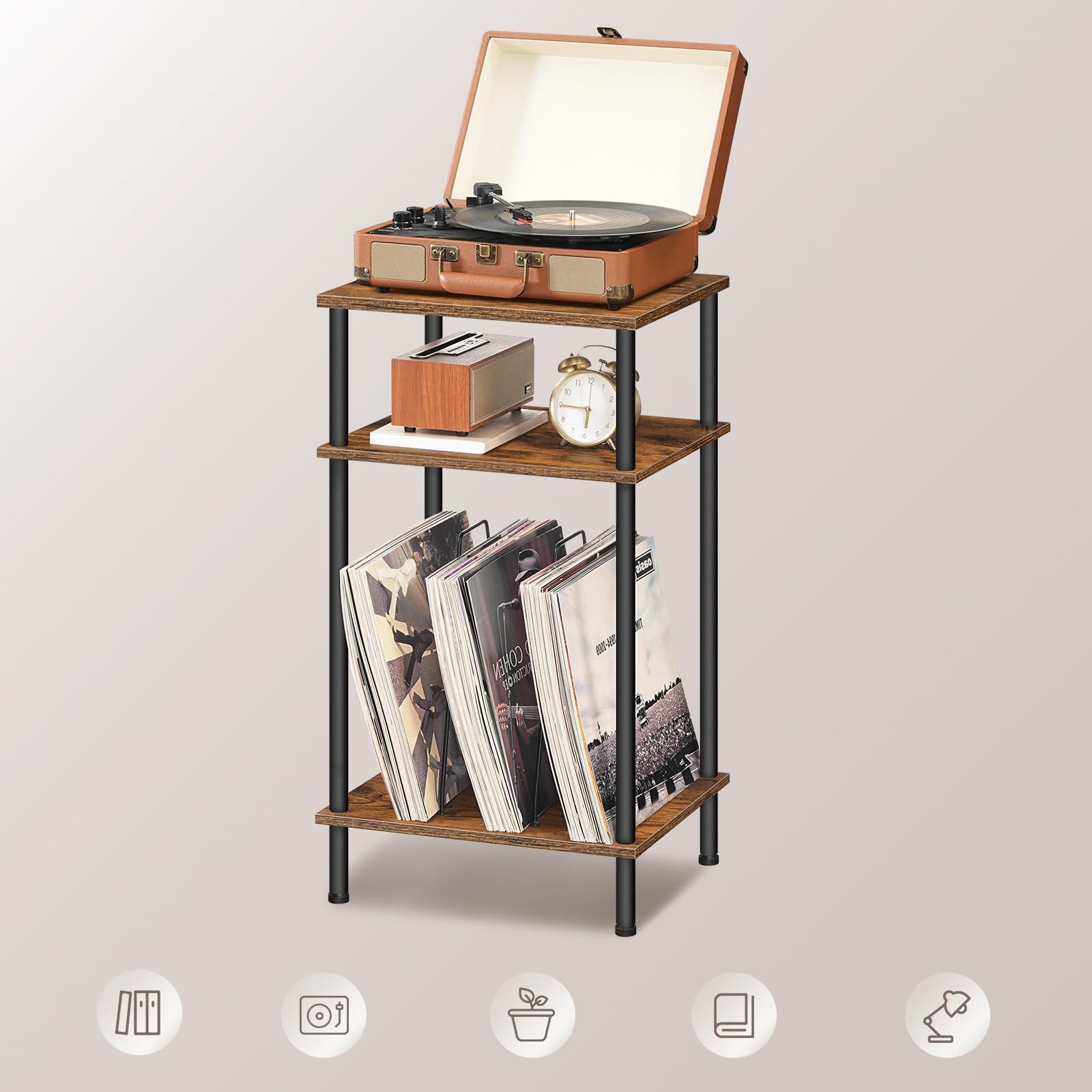 HOOBRO Mueble Tocadiscos de 3 Niveles, Mesa para Discos de Vinilo con Separador Extraíble, para Discos, Mesa Auxiliar de Estilo Industrial, para CD, Álbumes, Marrón Rústico y Negro EBF02RS01