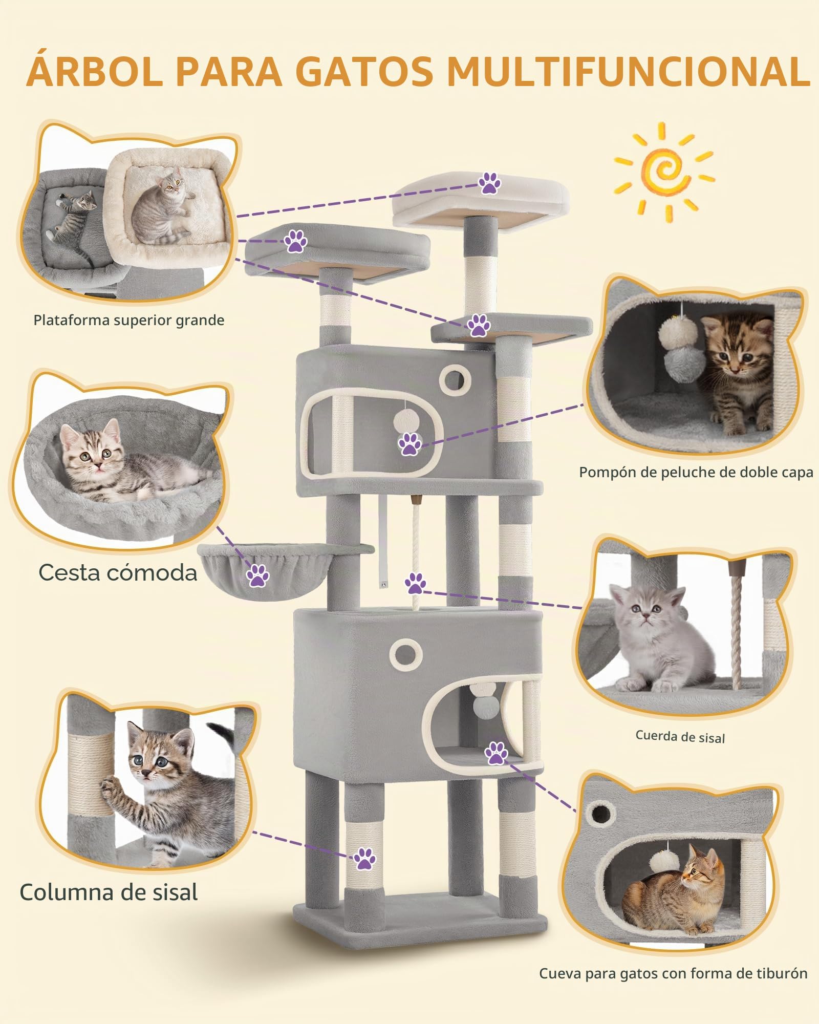 Hzuaneri Árbol para Gatos de 180 cm con 8 Postes Rascadores, 3 Plataformas, 2 Cuevas, Cesta, Bolas de Peluche y Cuerda de Sisal, Apto para Gatos de Todos Los Tamaños, Gris Claro MS18018LG