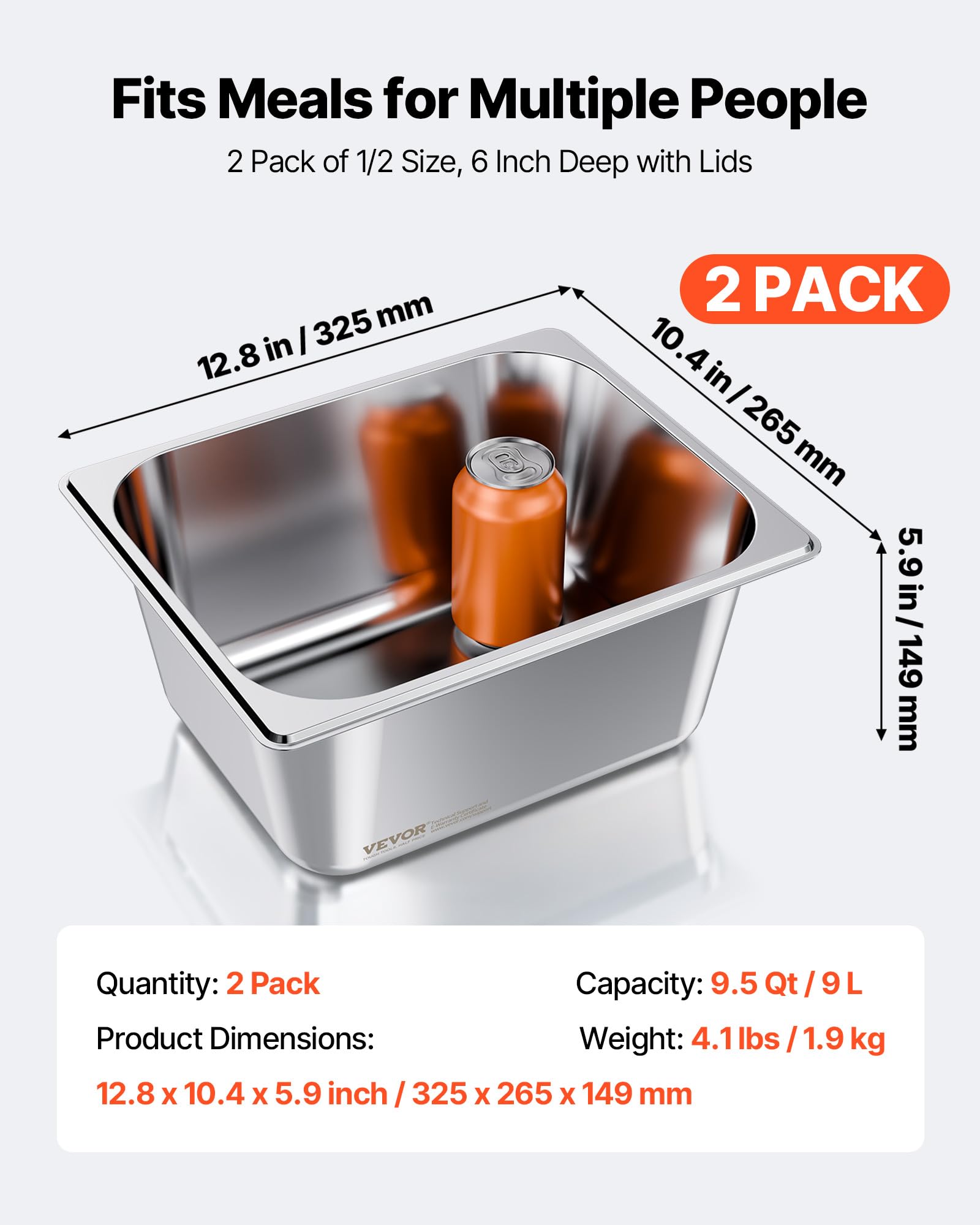 VEVOR Recipiente Gastronorm Reutilizable para Hotel 1/2 Tamaño, Paquete de 2, 9 L, Bandeja de Empanado de Acero Inoxidable con Tapa para Bufé de Fiestas, 325 x 265 x 149 mm, -4 °C a 260 °C, Plata