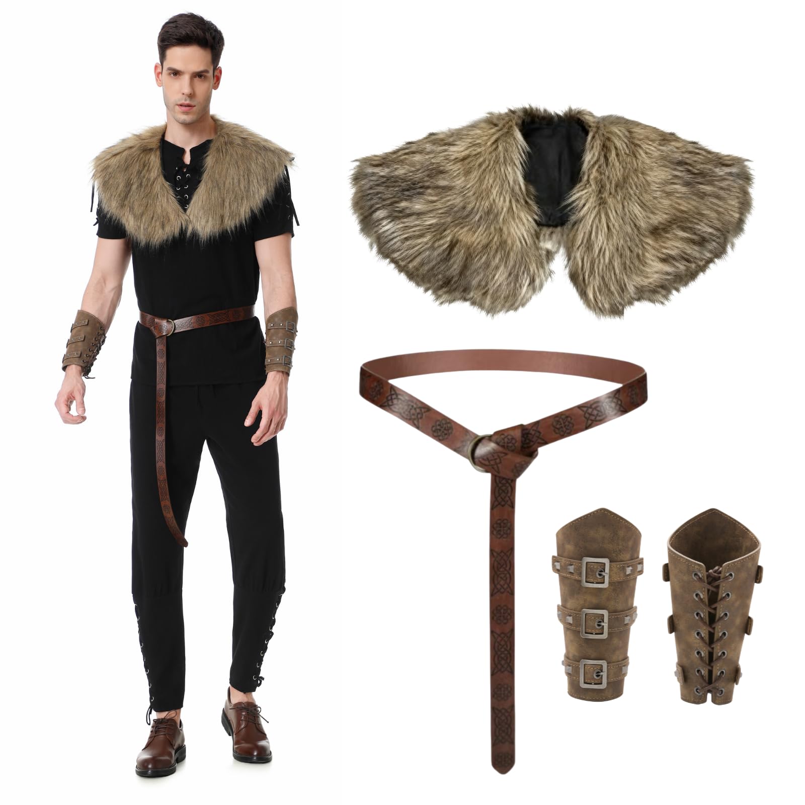 Adults Viking Costume 4 Pcs Men Medieval Outfit with Viking Faux Fur Shawl, Retro Arm Guard Bracelets and Belt Historical Barbarian Fancy Dress for Halloween Larp Carnival TV Movies(Brown and Black)