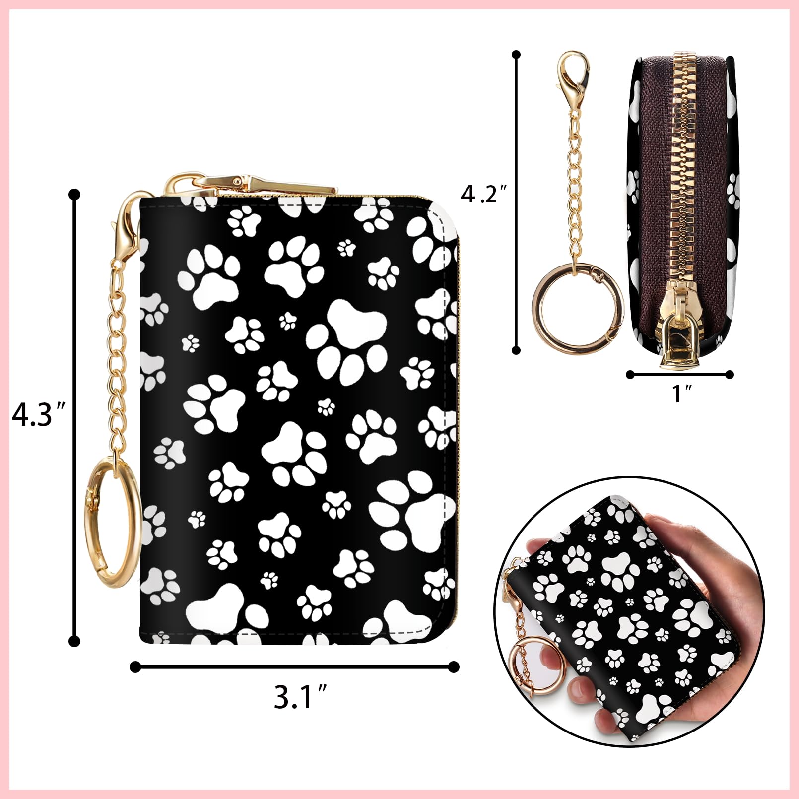 Blusabaca  Credit Card Holder for Women, Gothic Floral Small RFID Wallet with Zipper, Card Keychain Wallet, Leather Wallet Card Case, Business Accordion Wallet Gift: Dog paw