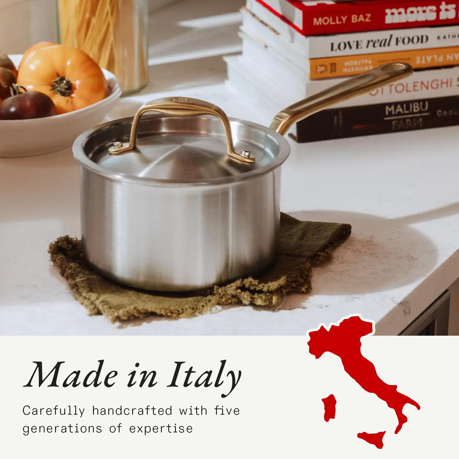 Made In Cookware - 2 Quart Stainless Steel Saucepan with Lid (Antique Brass Handle) - 5 Ply Stainless Clad - Professional Cookware - Crafted in Italy - Induction Compatible — Amazon image 6