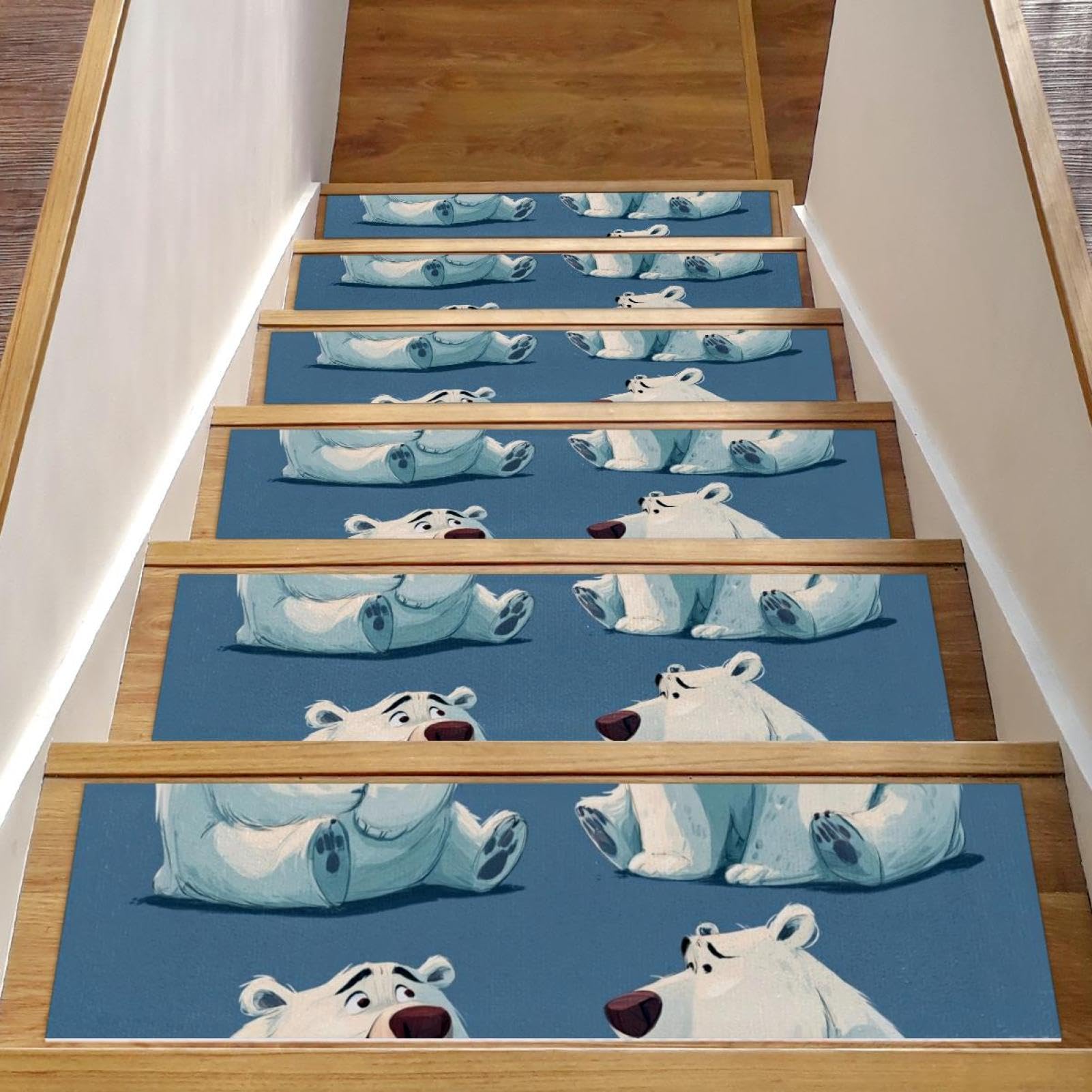 Tapis d'escalier antidérapant ours pour marche en bois | Lot de 15 pièces 20x76 cm