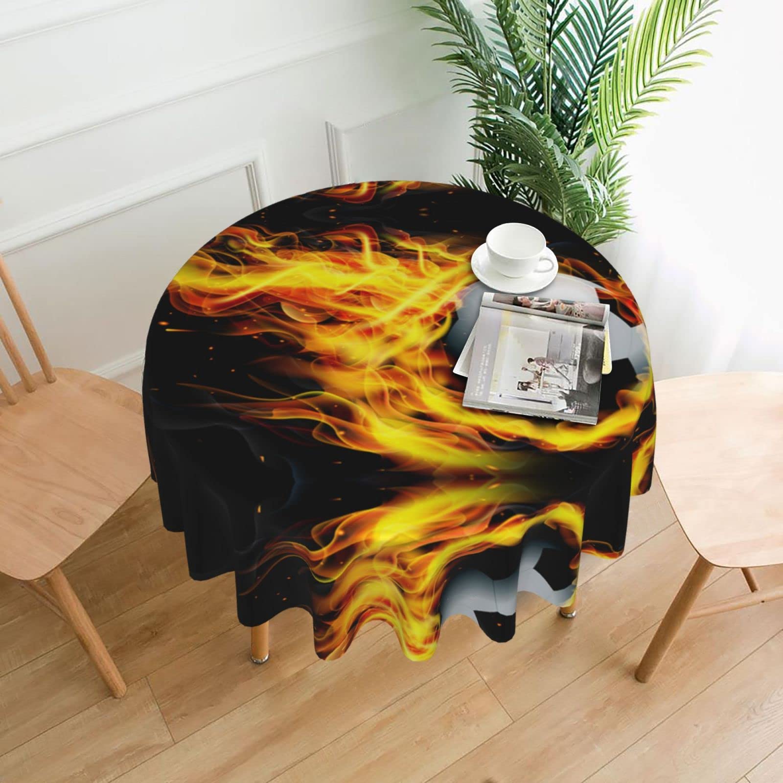 Lawenp Soccer Flame Decorative Round Table Cloths - 60 Inches in Diameter for Buffet Tables, Parties, Holiday Dinners.