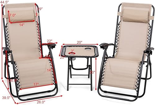 Miniatura 3 de Giantex Juego de 3 sillas de gravedad cero, tumbonas para patio, piscina, reclinables, plegables, sillas de descanso para patio trasero (beige)