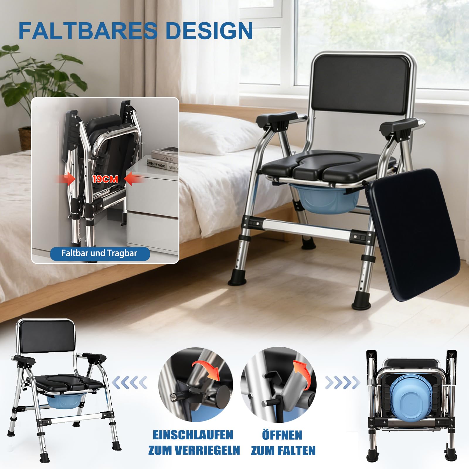 Klappbarer Toilettenstuhl, Höhenverstellbarer Nachtstuhl mit Gepolstertem Sitz, Tragbarer Toilettenstuhl mit Herausnehmbarem Eimer und Deckel für Schlafzimmer und Zuhause, Schwarz