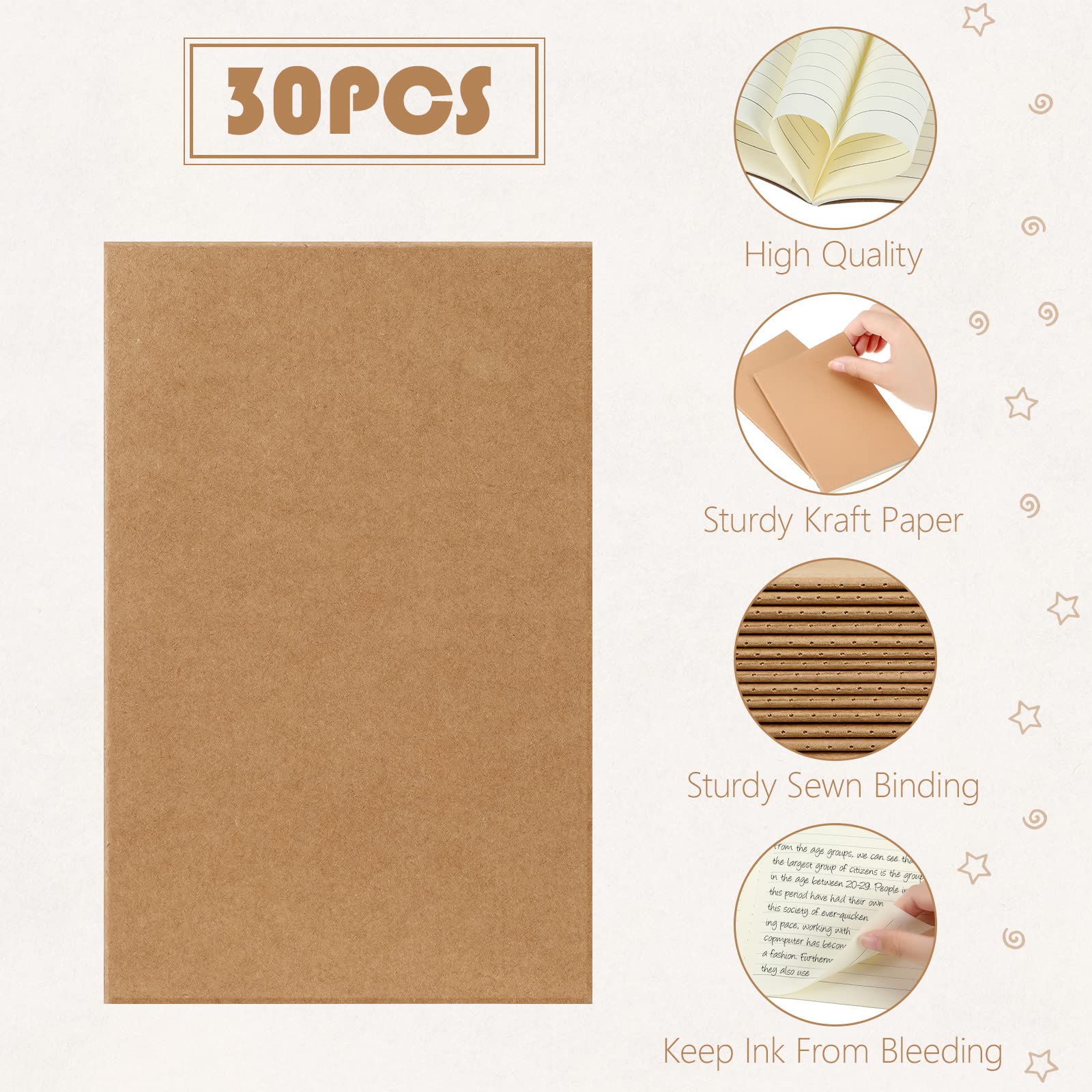 Tenare 30 Pcs A6 Notebooks Lined Bulk Blank Cover Journal Mini Notepads School Small Notebooks 60 Pages/ 30 Sheets Travel Pocket Notebooks for Memo Diary Office Supplies 5.51 x 3.54'' (Kraft Brown) - Image 3