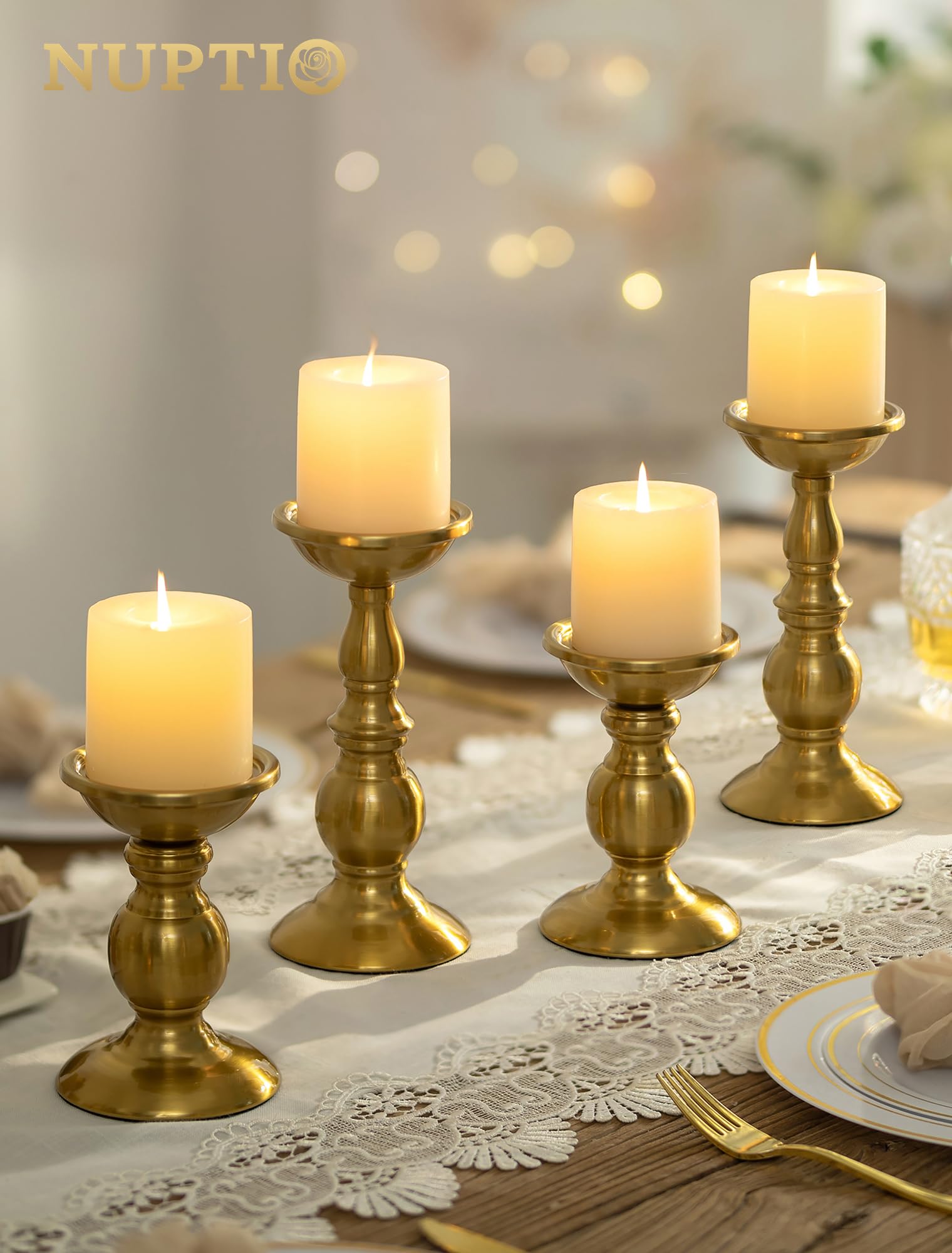 Best Large Brass Candle Holders for 2026 1 NUPTIO Gold Candle Holder for Table: Tall Brass Stand for 3' Pillars — product photo