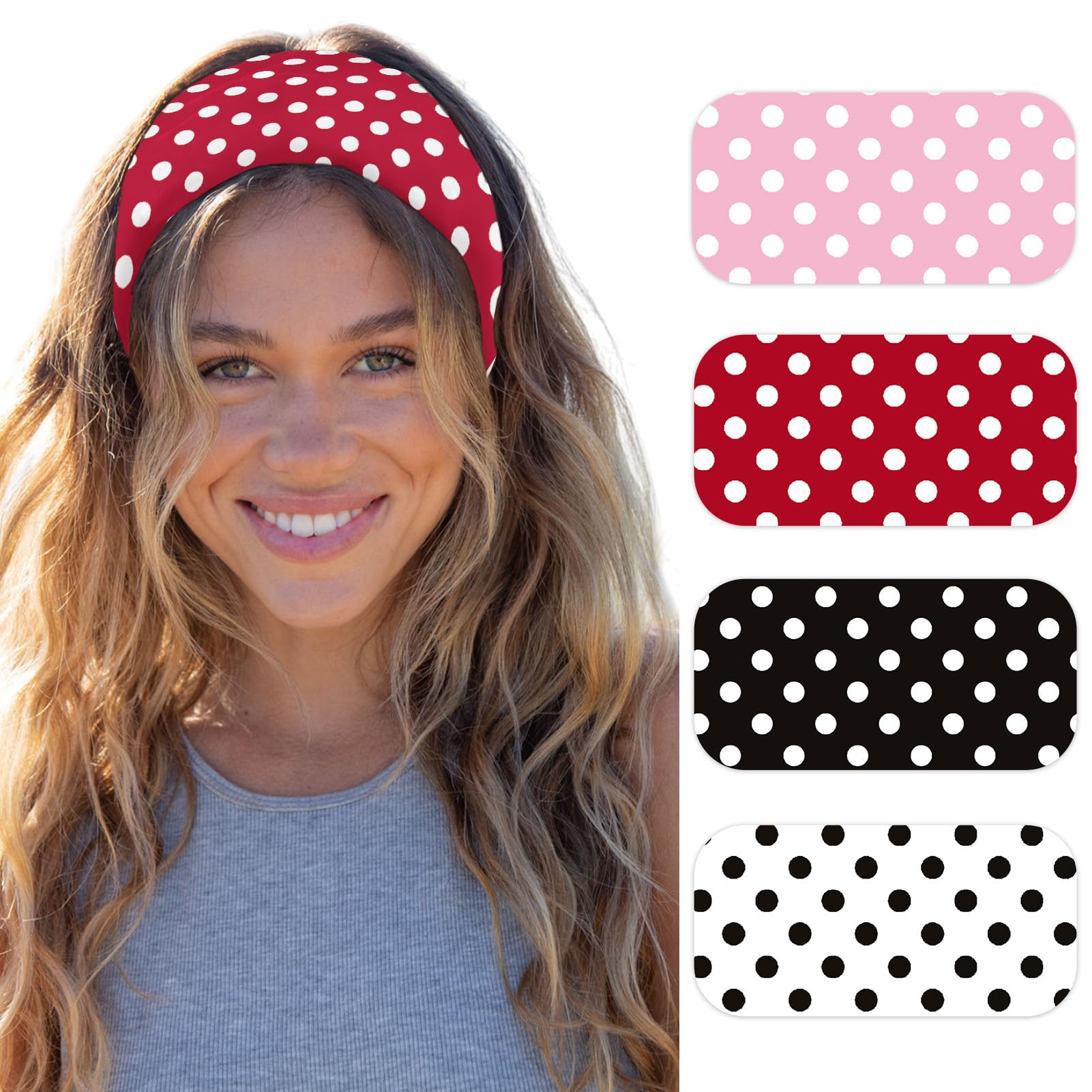 senmay 4PCS Polka Dot Headband for Women Trendy Wide Head Bands for Women's Hair Non Slip Wraps Elastic Stretchy Bandanas Workout Hair Bands Fashion Hair Accessories Birthday Gifts for Valentines-picture-32