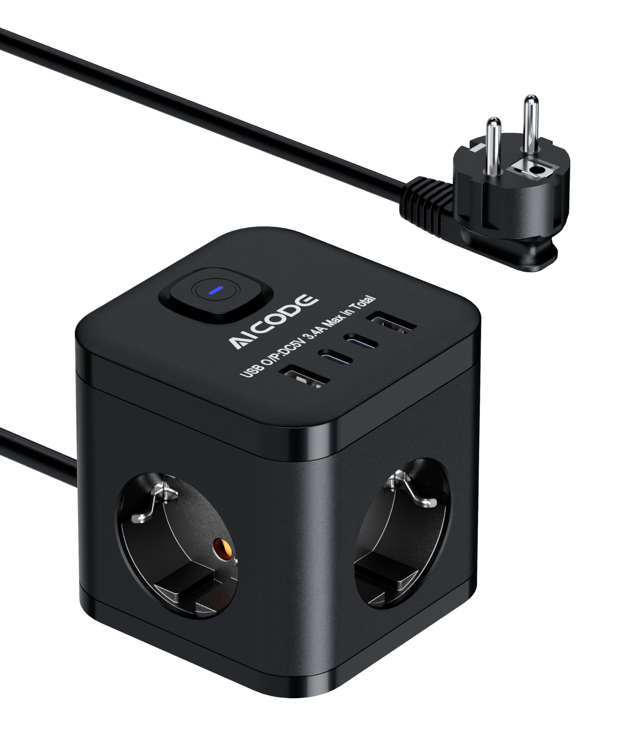 AICODE Steckdosenwürfel 3-Fach 3680W mit 4 USB (2X USB-C) & Kindersicherung - Mehrfachsteckdose mit Schalter, 2m Verlängerungskabel, kompakt & tragbar für Zuhause, Büro, Reisen - schwarz
