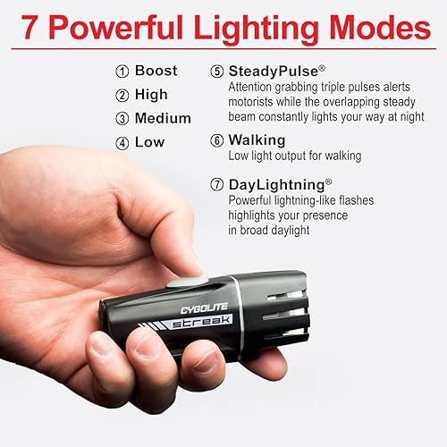 Miniatura 4 de Cygolite Streak - Luz para bicicleta de 450 lúmenes, 5 modos nocturnos y modo de flash diurno, compacta y duradera, resistente al agua IP67, montaje
