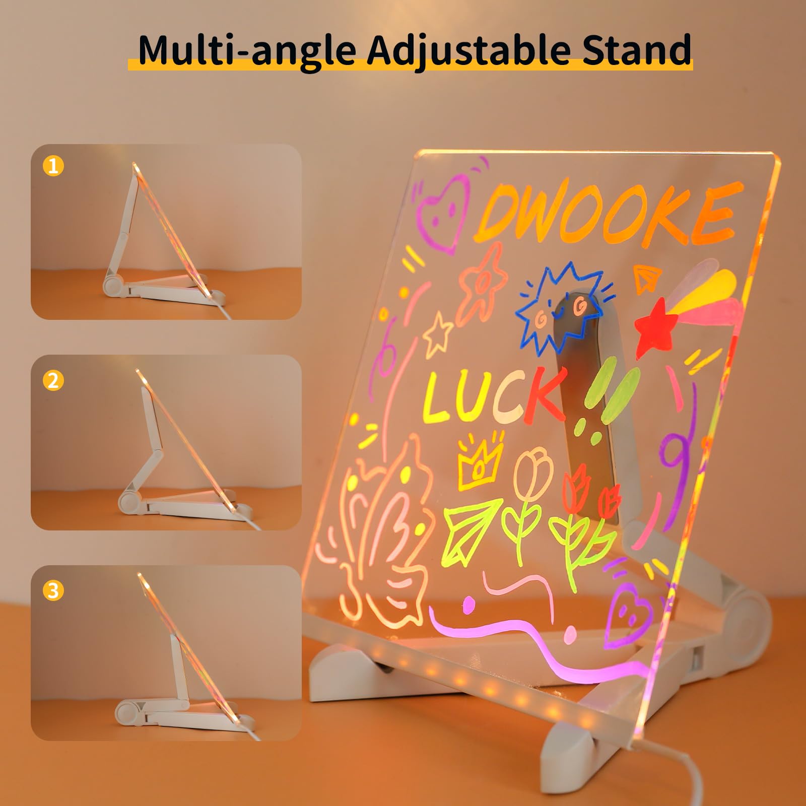DWOOKE LED Drawing Board with 7 Colors Pen/Stand,20x20CM Luminous Acrylic Message Boards,Art Desktop Note Boards Light Board,Writing Board for Home Desk Office Cafe - Image 3