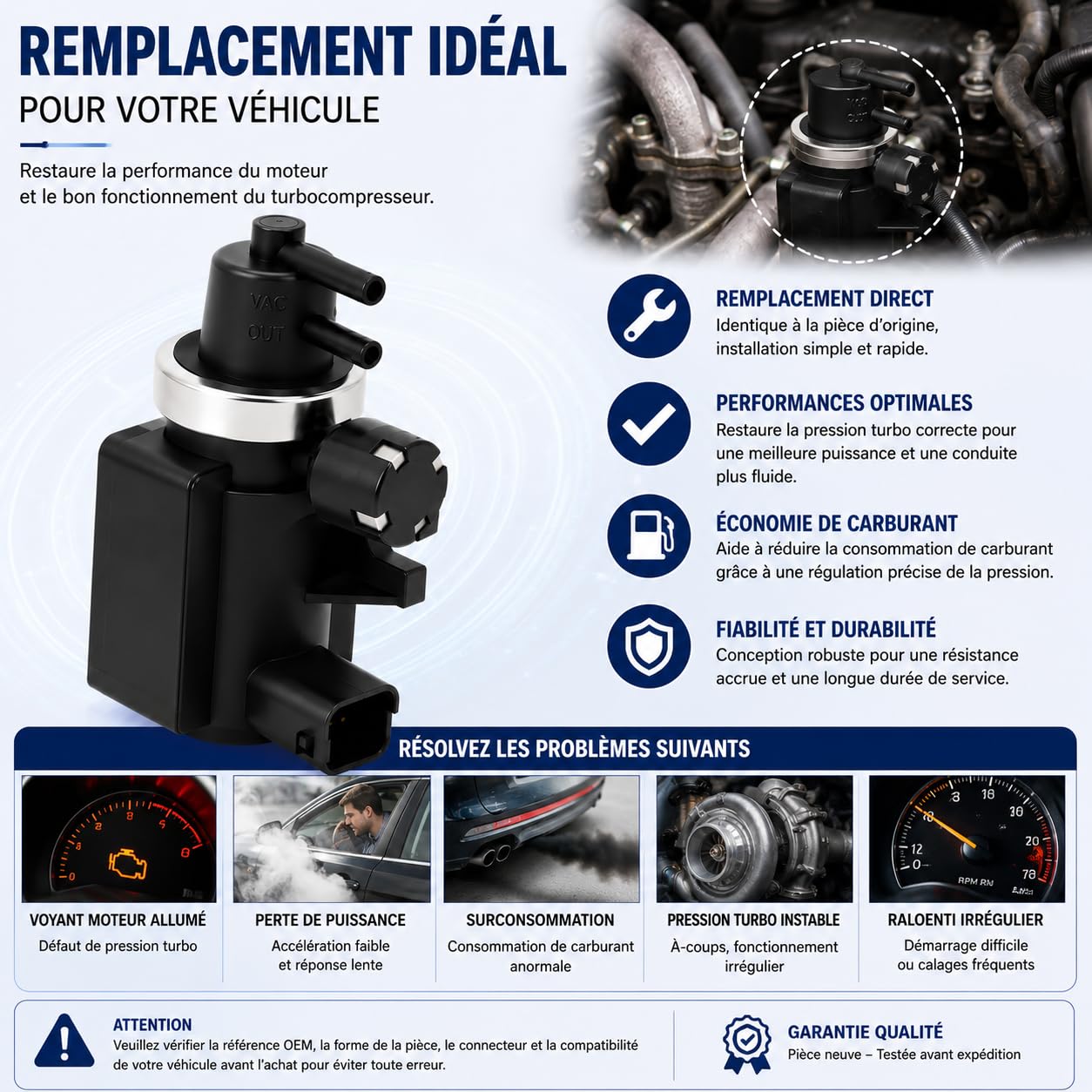 Compatible avec PEUGEOT CITROËN 1618S5 1628N1 Électrovanne Pression Turbo - Pour 2.0 HDi D Multijet - Remplace 9641726680, 9645029180