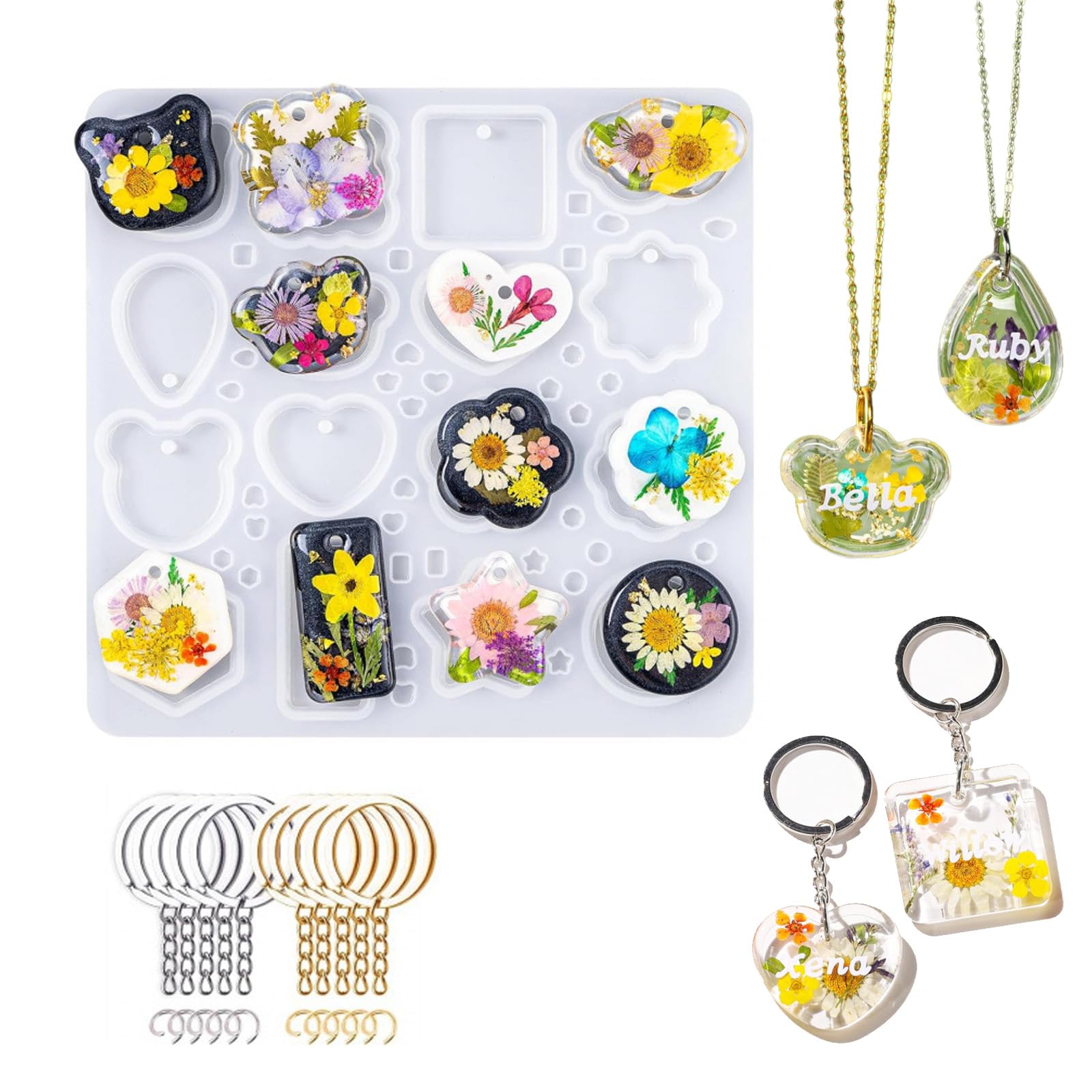 Keychain Resin Moulds Silicone with Hole, Resin Kits for Beginners with Molds and 10 Pcs Keychain 16 Cavities UV Resin Jewellery Pendant Mould Epoxy Resin Moulds for Keychains Pendant Jewellery Making