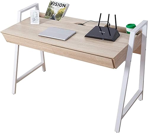 Escritorio de madera para computadora con dos cajones, estación de trabajo, estudio, escritorio de oficina en casa, patas de metal blanco