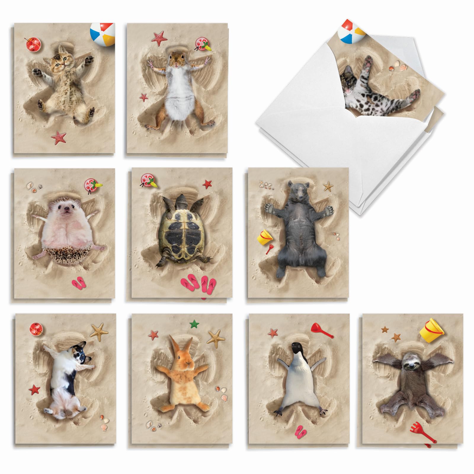 The Best Card Company - 20 Bulk Box Animal Note Cards Blank (4 x 5.12 Inch) - Funny Wildlife Assorted Notecard Pack with Envelopes (10 Designs, 2 Each