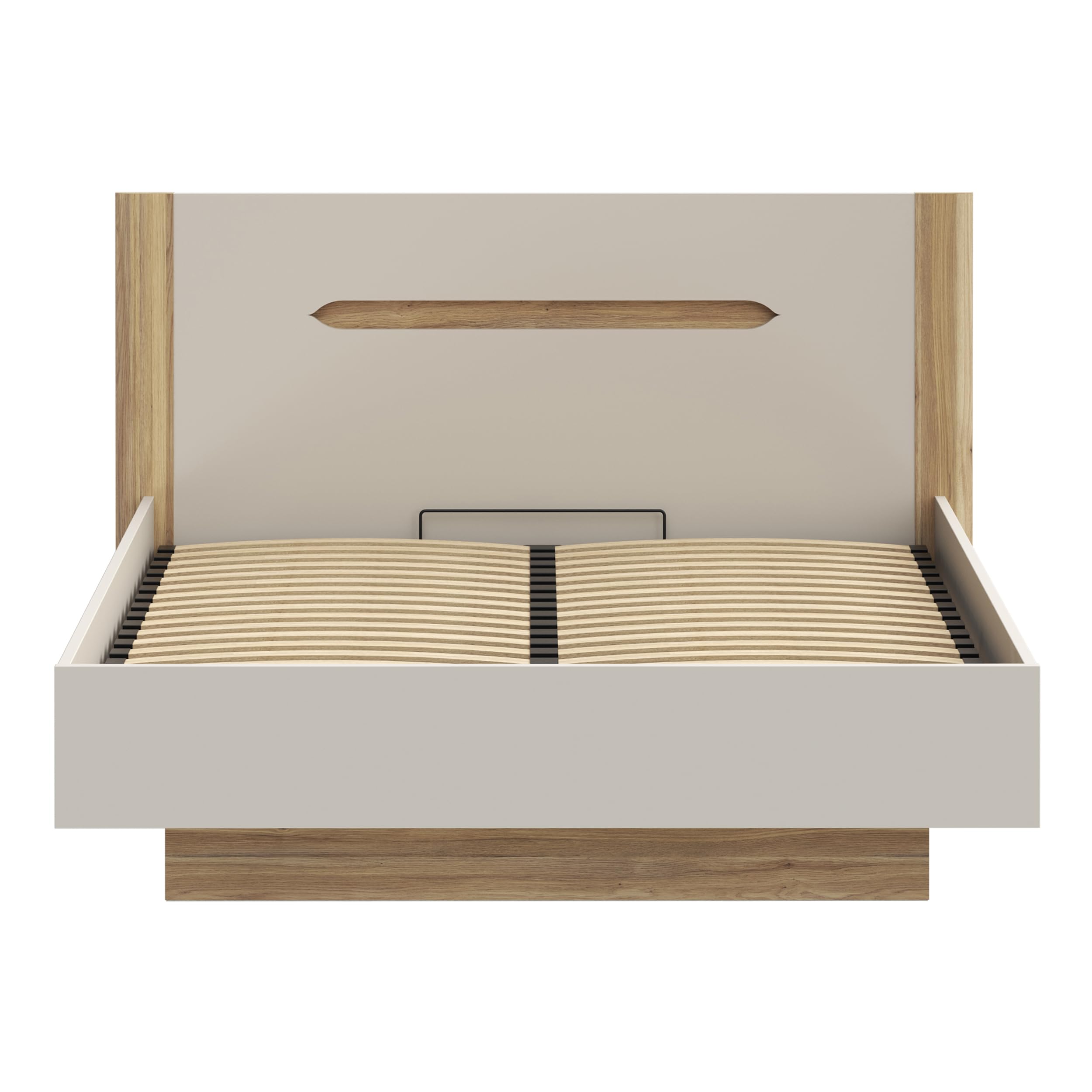 Forte EDWAL Bett Liegefläche 160 cm, modernes Bettgestell mit Stauraum unter dem Lattenrost, Holzwerkstoff, Kaschmir |Beige Holzdekor, 176,2 cm breit x 105,7 cm hoch x 206,6 cm tief