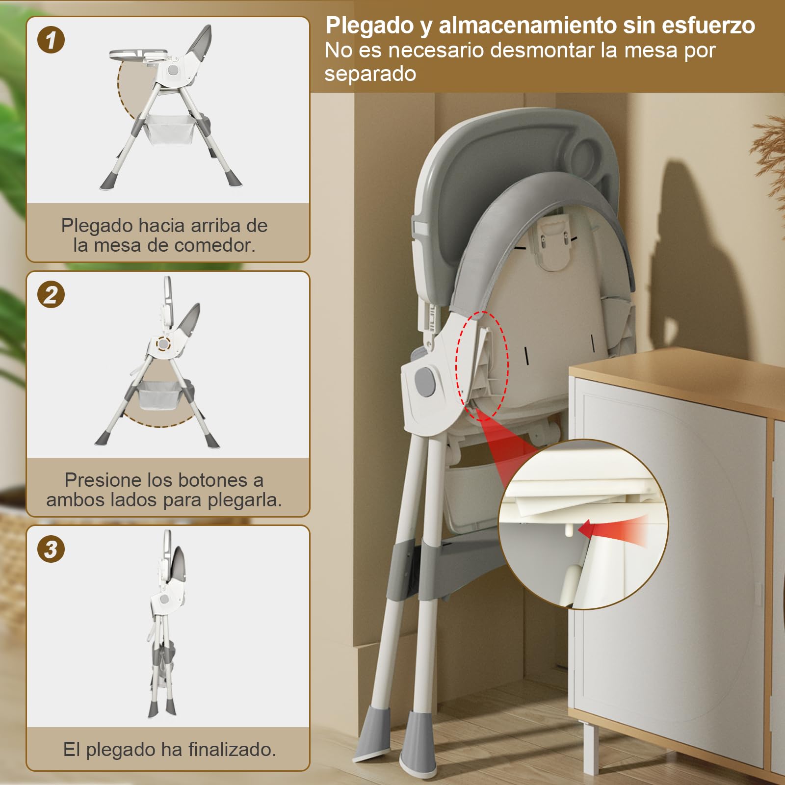 Trona Bebé Evolutiva, Trona para Bebe Ajustable, Trona de Bebes Reclinable, Ajustable y Plegable con Tabla, De 6 meses a 6 años
