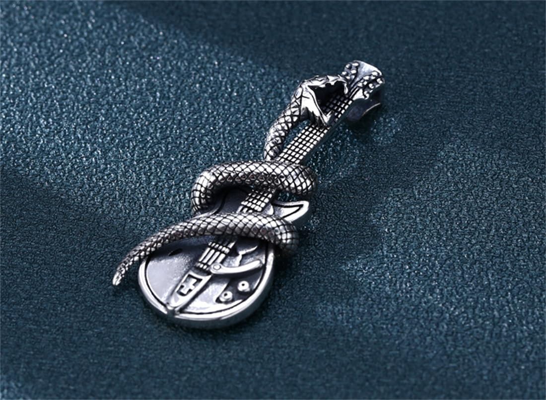 S925 Argento Sterling Ciondolo Collana Chitarra Serpente, Signore Chitarra Vintage Personalizzato Ciondolo Serpente,Argento,Pendant + Chain 50cm