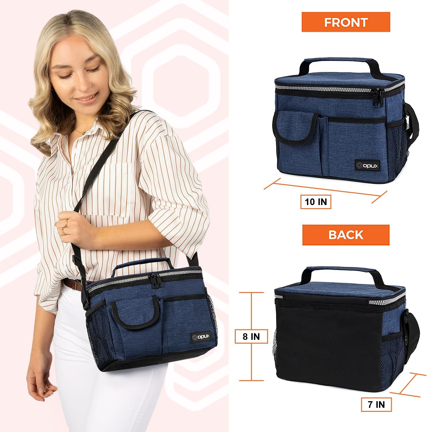 opux Insulated Lunch Bag for Men Women, Leakproof Heather Navy Lunch Box for Work, Portable Soft Lunch Cooler Bag with Shoulder Strap, Adult Lunchbox Lunch Pail for Kid Boy Girl School, 14 Can/8L - Image 3