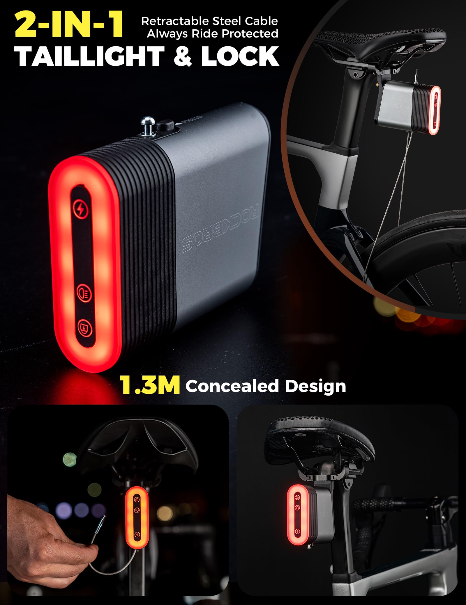 ROCKBROS Luz Trasera Bicicleta y Candado Bluetooth 2 en 1, Luz Inteligente con Encendido/Apagado Automático, 5 Modos y IPX6 Impermeable para MTB, Gravel, Ebike y Carretera