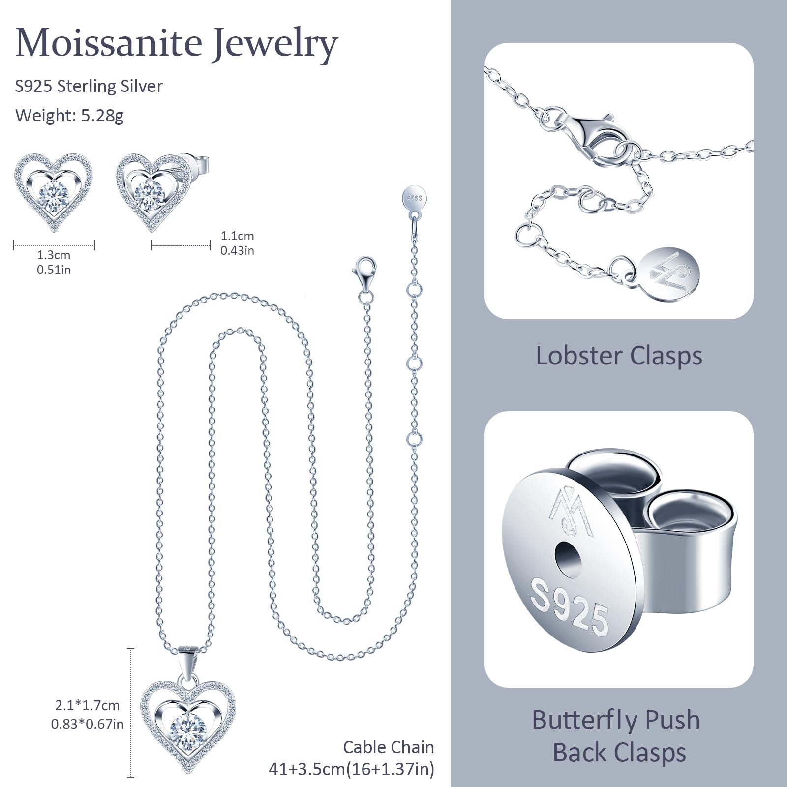 Moissanite Schmuckset Damen Herzen Diamant Ohrringe und Halskette 1 Karat: Silber 925 Herz Moissanit Ohrstecker, Herz Kette mit GRA Zertifikat für Jahrestag Hochzeit Party