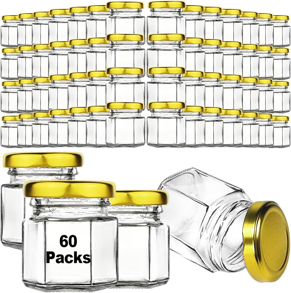 60 Pcs Small Hexagon Candle Jars with Airtight Lids, 1.5 oz Mini Honey Jars for Wedding Favor, Baby Shower, Jam, Spices, Herbs, DIY Gift