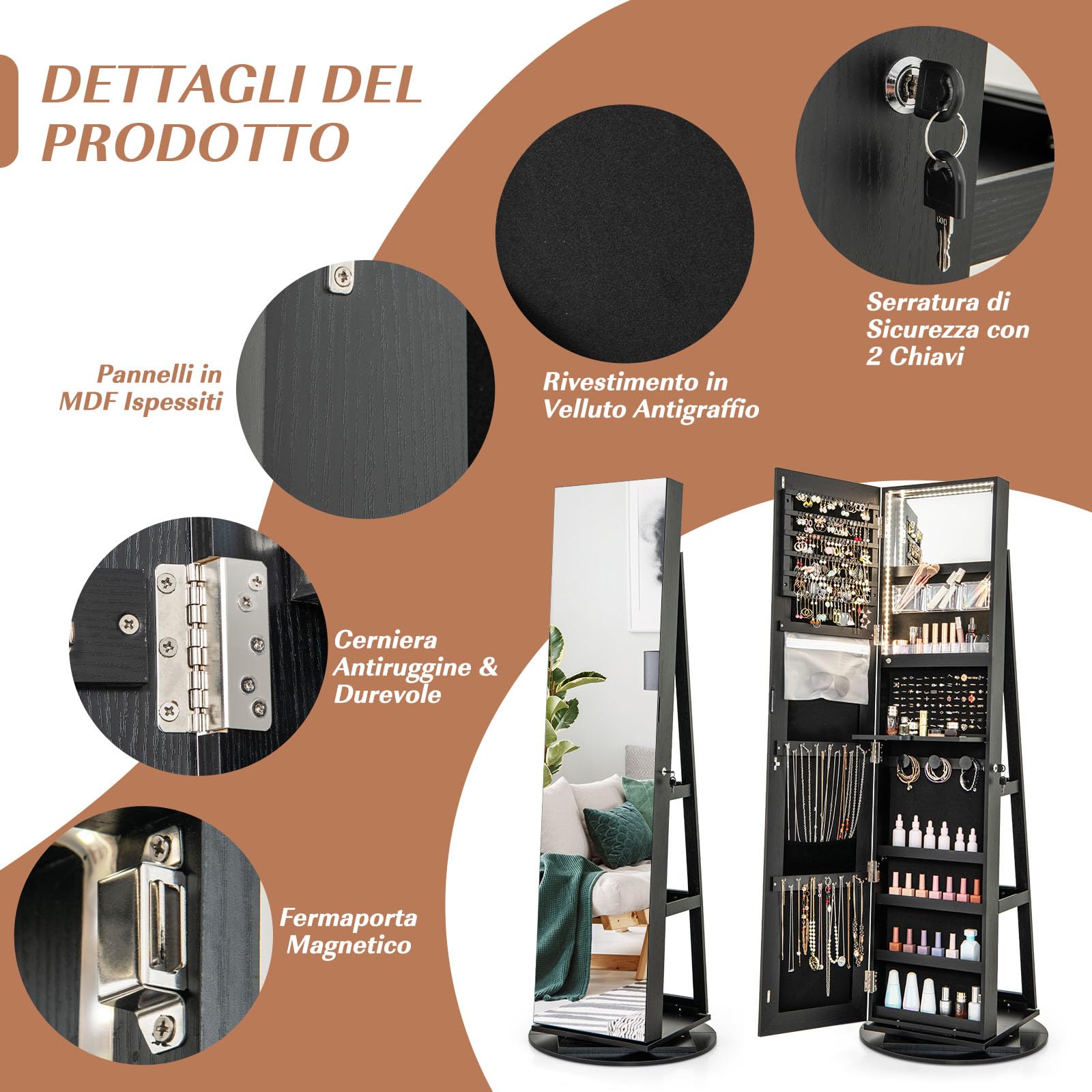 GYMAX Armadietto per Gioielli Girevole a 360°, con Specchio a Figura Intera Luce a LED a 3 Colori, Specchio Interno per il Trucco con Serratura, 54,5 x 54,5 x 161cm (NERO)