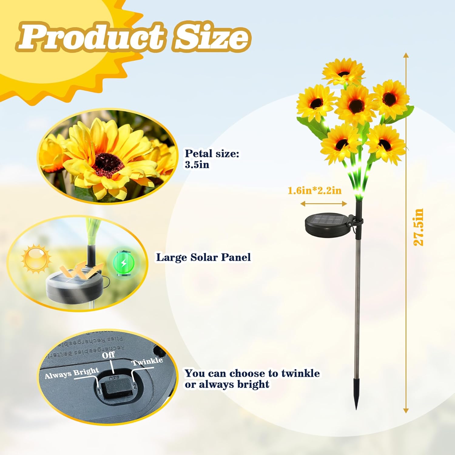 Anothera 2Pcs Solar Sunflower Lights Features Flashing or Steady-on Modes, Waterproof Sunflower Garden Lights for Outdoor Patio, Lawn, Valentine's Day Gifts for Wife and Girlfriend - Image 3