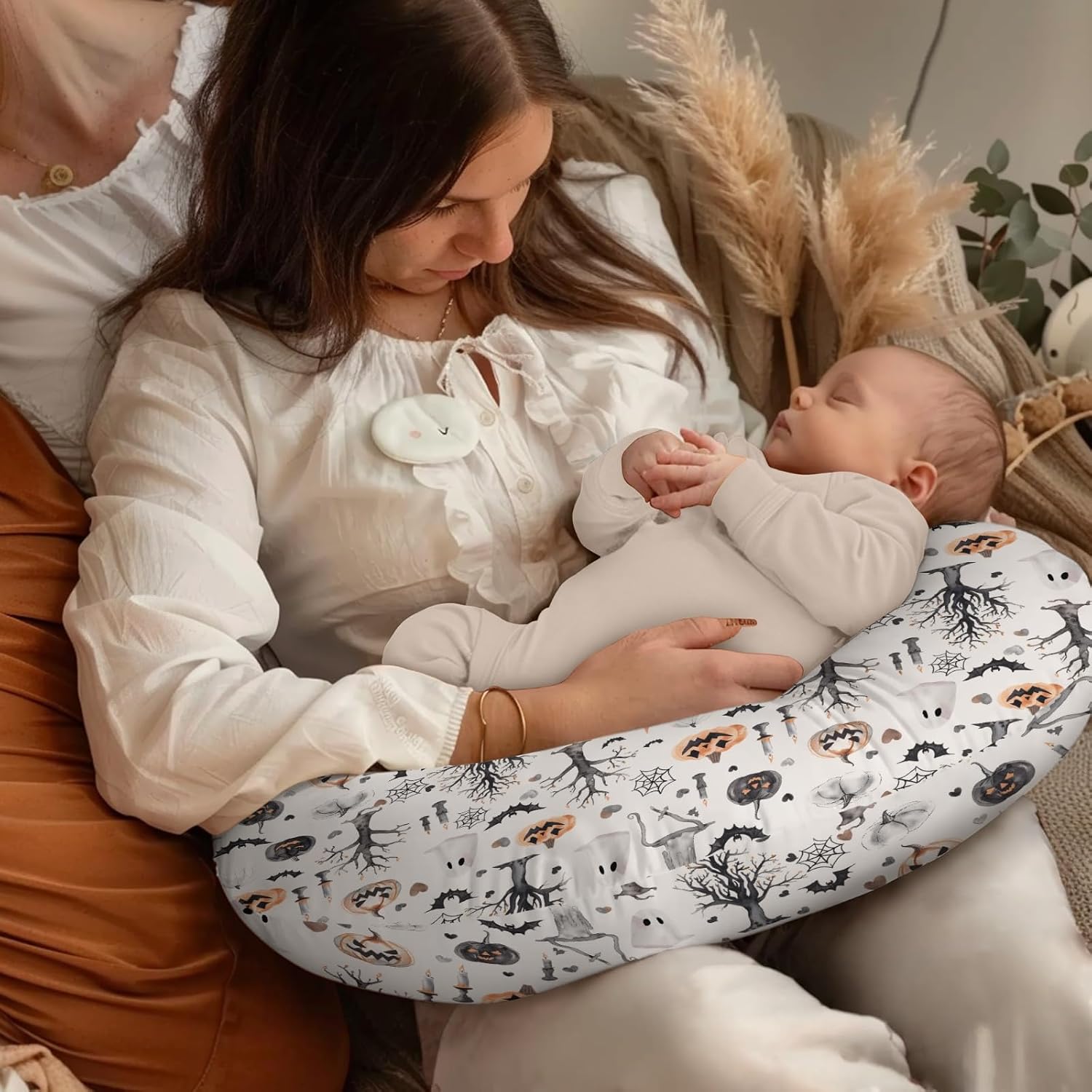 Halloween Pumpkin Bat Spider Trees Pattern Nursing Pillow Cover, Unisex Fall Autumn Holiday Removable Breastfeeding Pillowcase Slipcover for Baby Girls Boys Newborns Toddlers, Cover Only