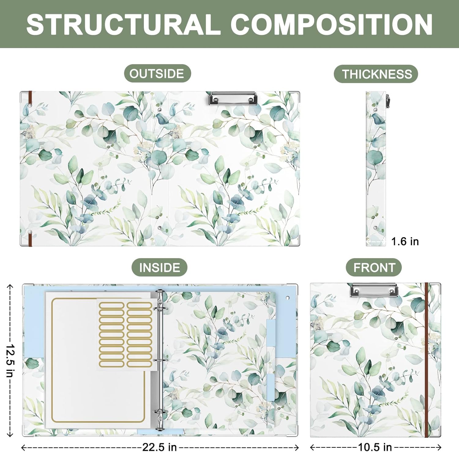 Rouidr 3 Ring Binder with clipboard, 1 inch 8.5 x 11 in Letter Size View Binders Organizer with Dividers Tabs & Clear Sleeves, School Supplies, Office Supplies, Eucalyptus Leaf