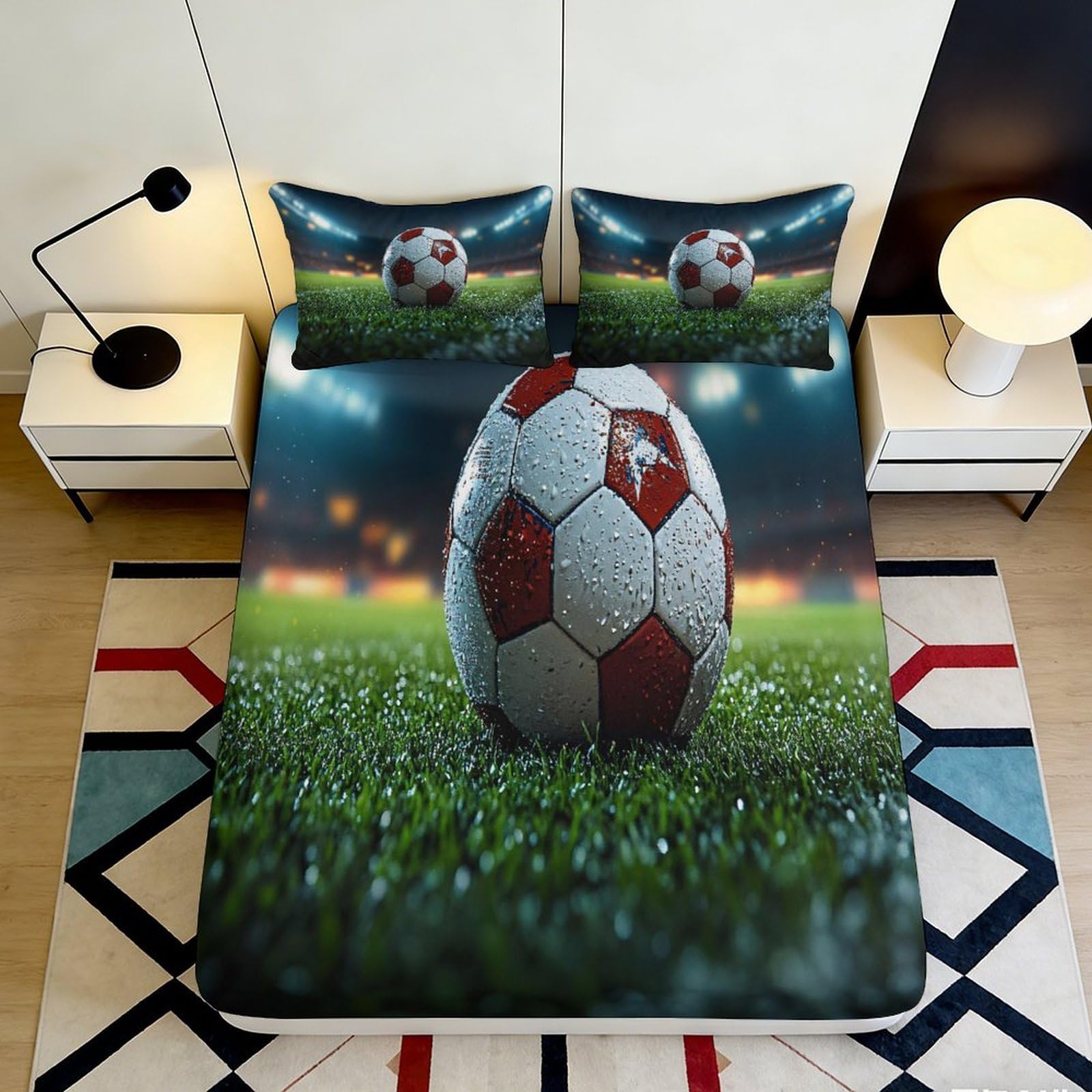 3D Printed Football Stadium Fitted Sheet Microfiber Soft Non Slip Soccer Ball Bed Cover for Bedroom Guestroom Decor 90x200x25cm