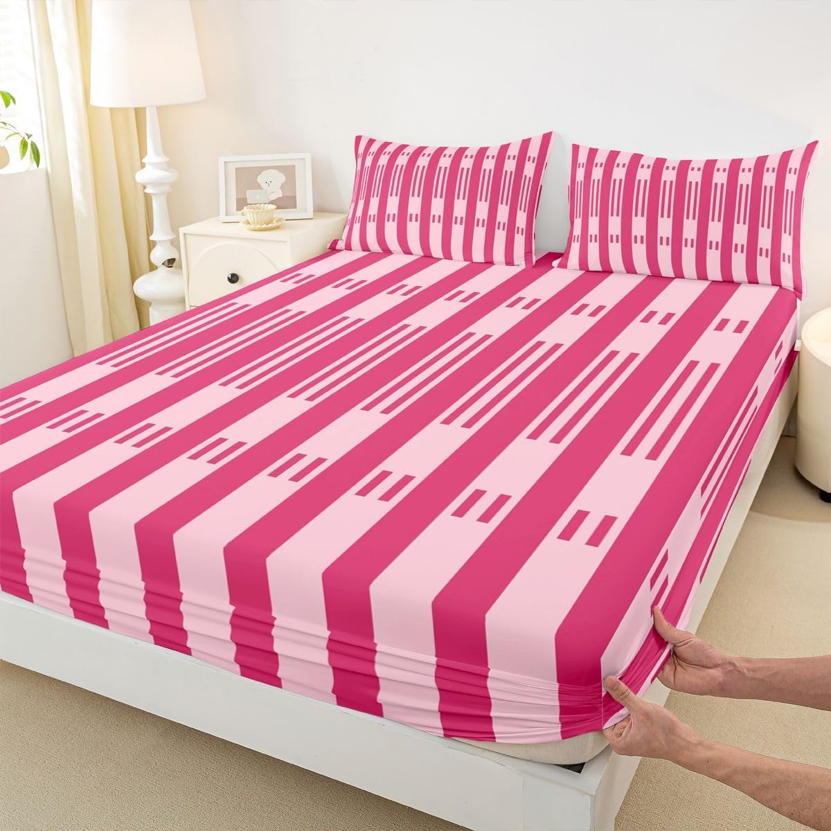 Erosebridal Hot Pink Stripes Kids Fitted Sheet for Full Bed 16" Pocket
